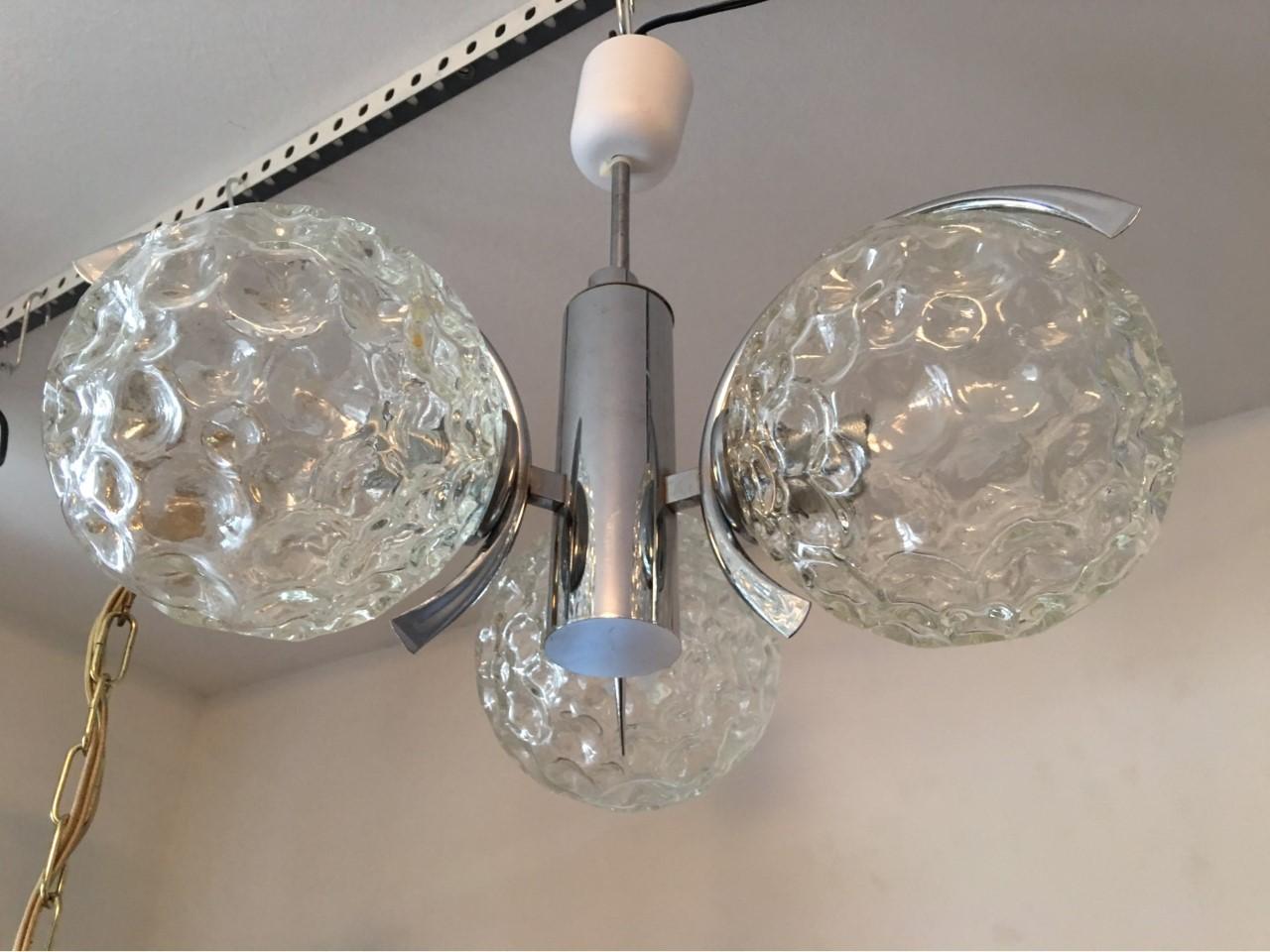 Italian Three Crater Glass Ball and Chrome Chandelier For Sale