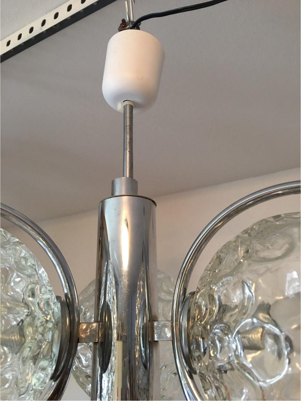 Three Crater Glass Ball and Chrome Chandelier In Good Condition For Sale In Frisco, TX