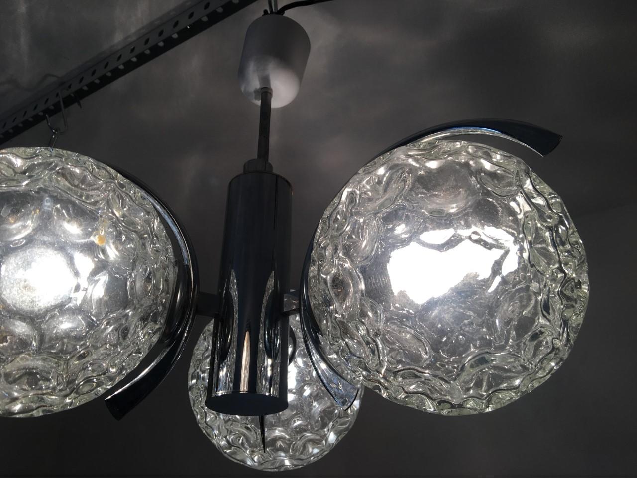 Mid-20th Century Three Crater Glass Ball and Chrome Chandelier For Sale