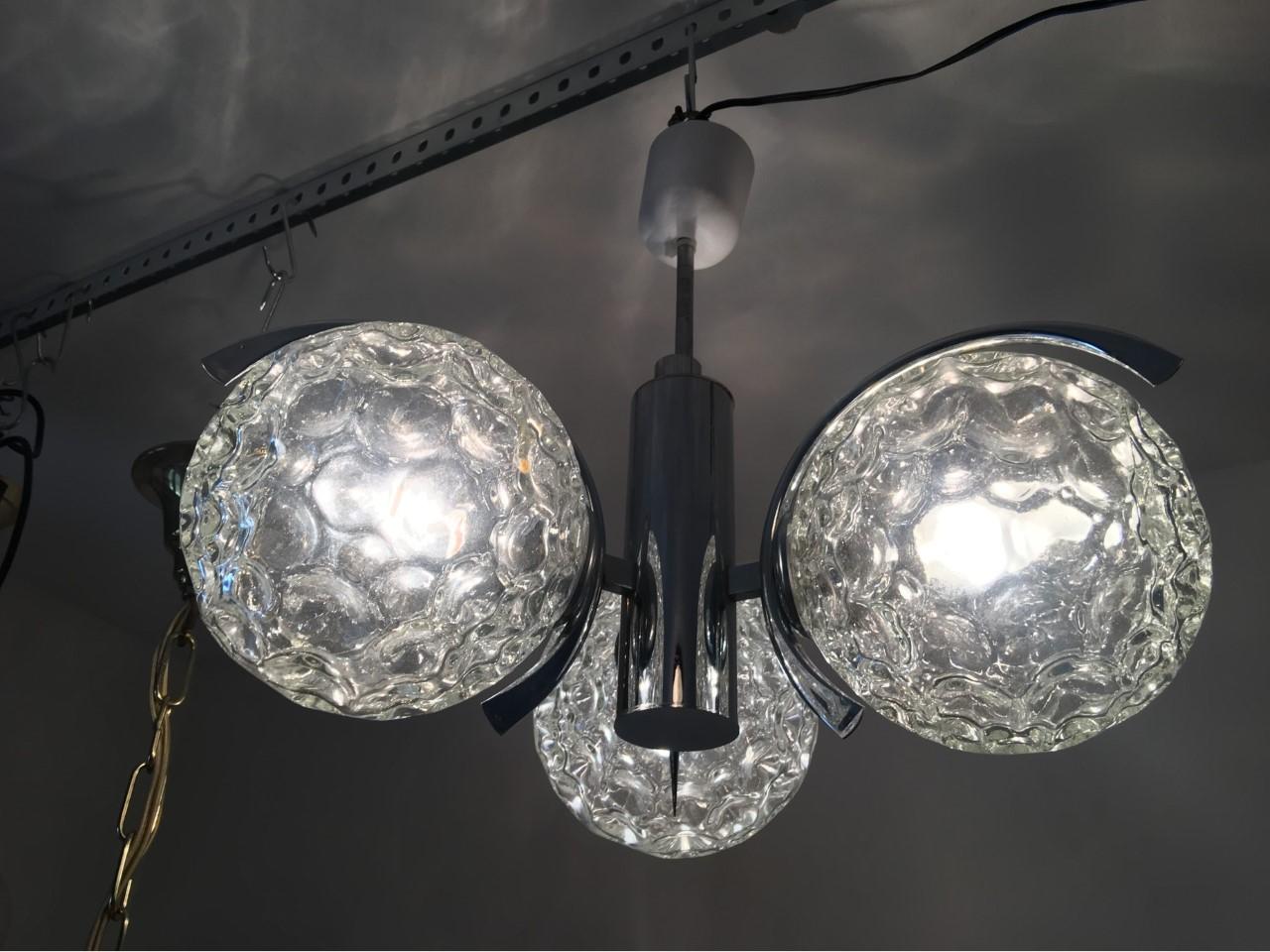 Brass Three Crater Glass Ball and Chrome Chandelier For Sale