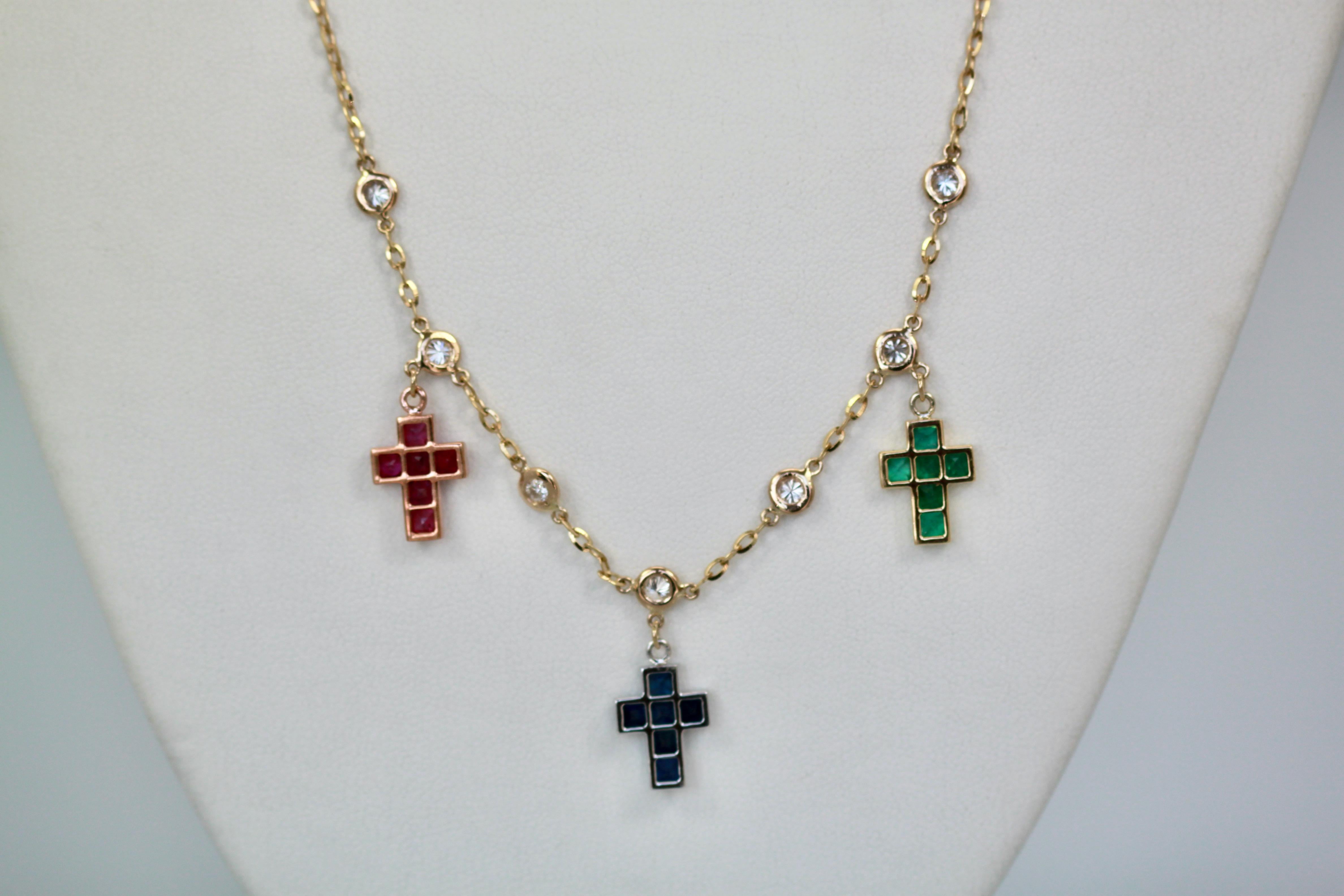 Three Crosses Set with Diamonds, Ruby, Sapphire, Emerald 18K 1