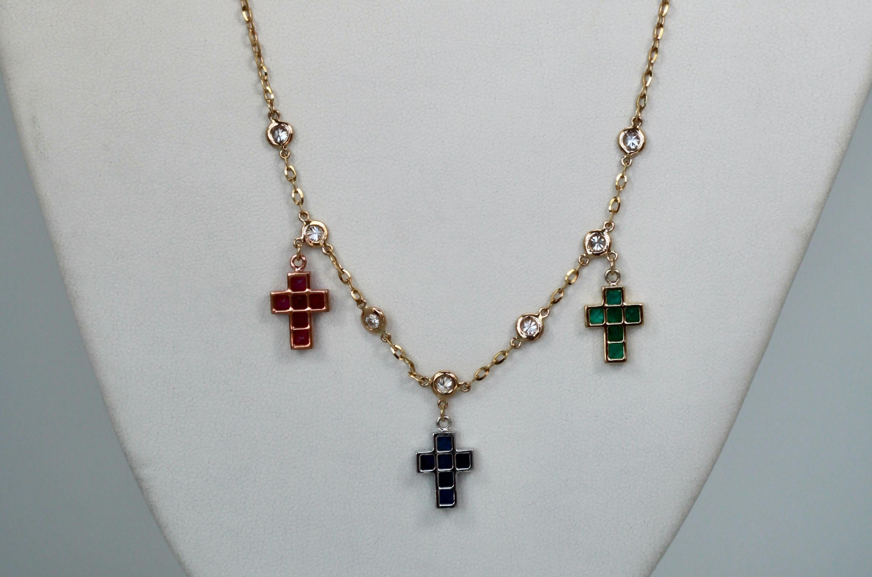 Modern Three Crosses Set with Diamonds, Ruby, Sapphire, Emerald 18K