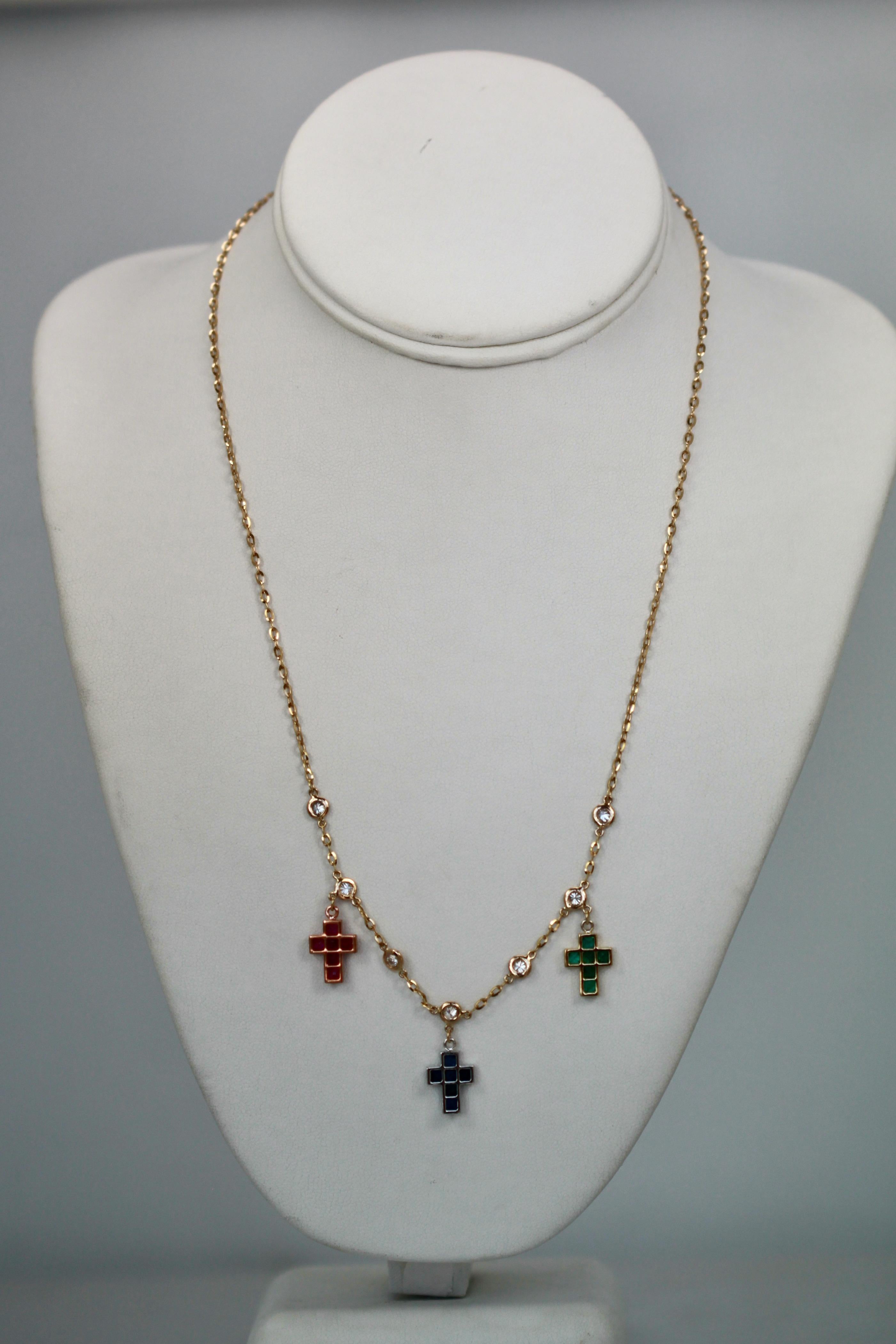 Baguette Cut Three Crosses Set with Diamonds, Ruby, Sapphire, Emerald 18K