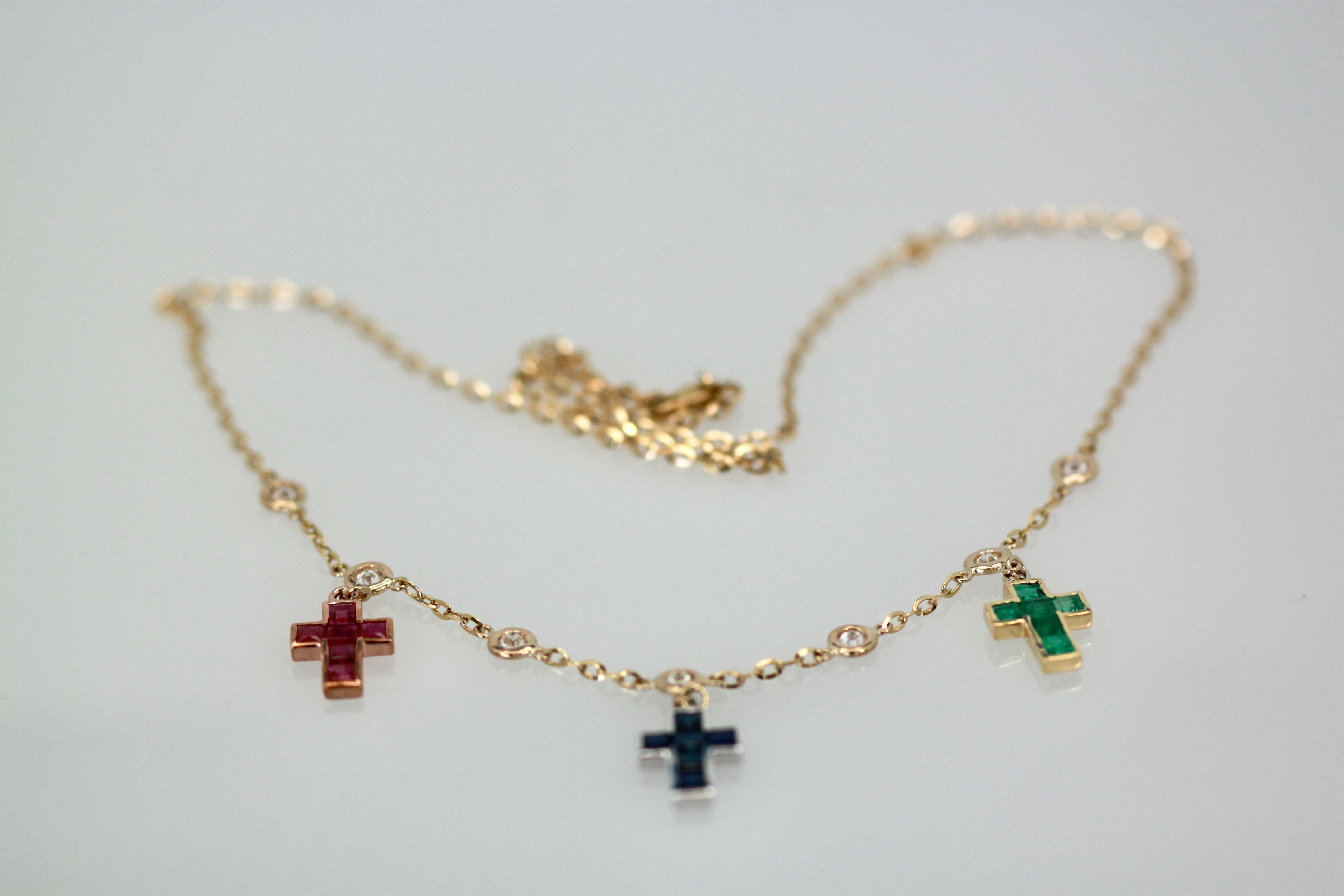 Three Crosses Set with Diamonds, Ruby, Sapphire, Emerald 18K In New Condition In North Hollywood, CA