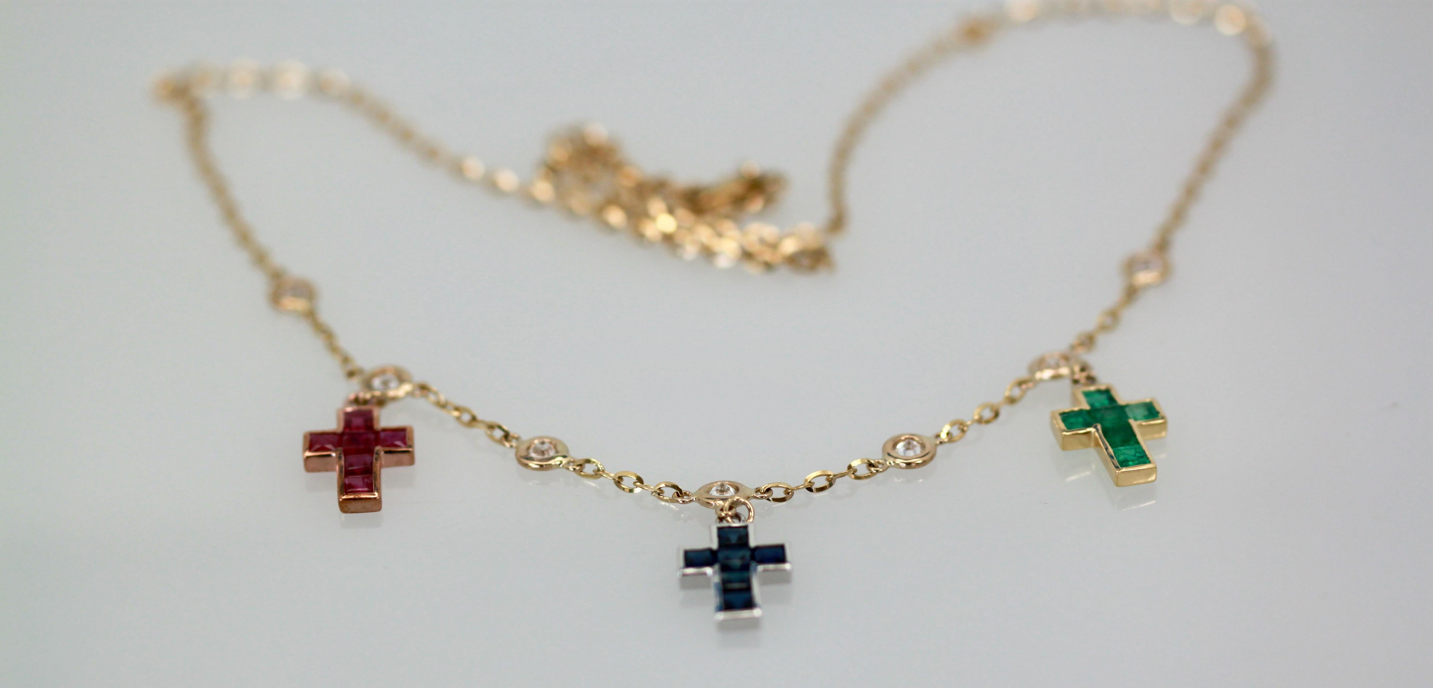 Women's Three Crosses Set with Diamonds, Ruby, Sapphire, Emerald 18K