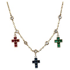Three Crosses Set with Diamonds, Ruby, Sapphire, Emerald 18K