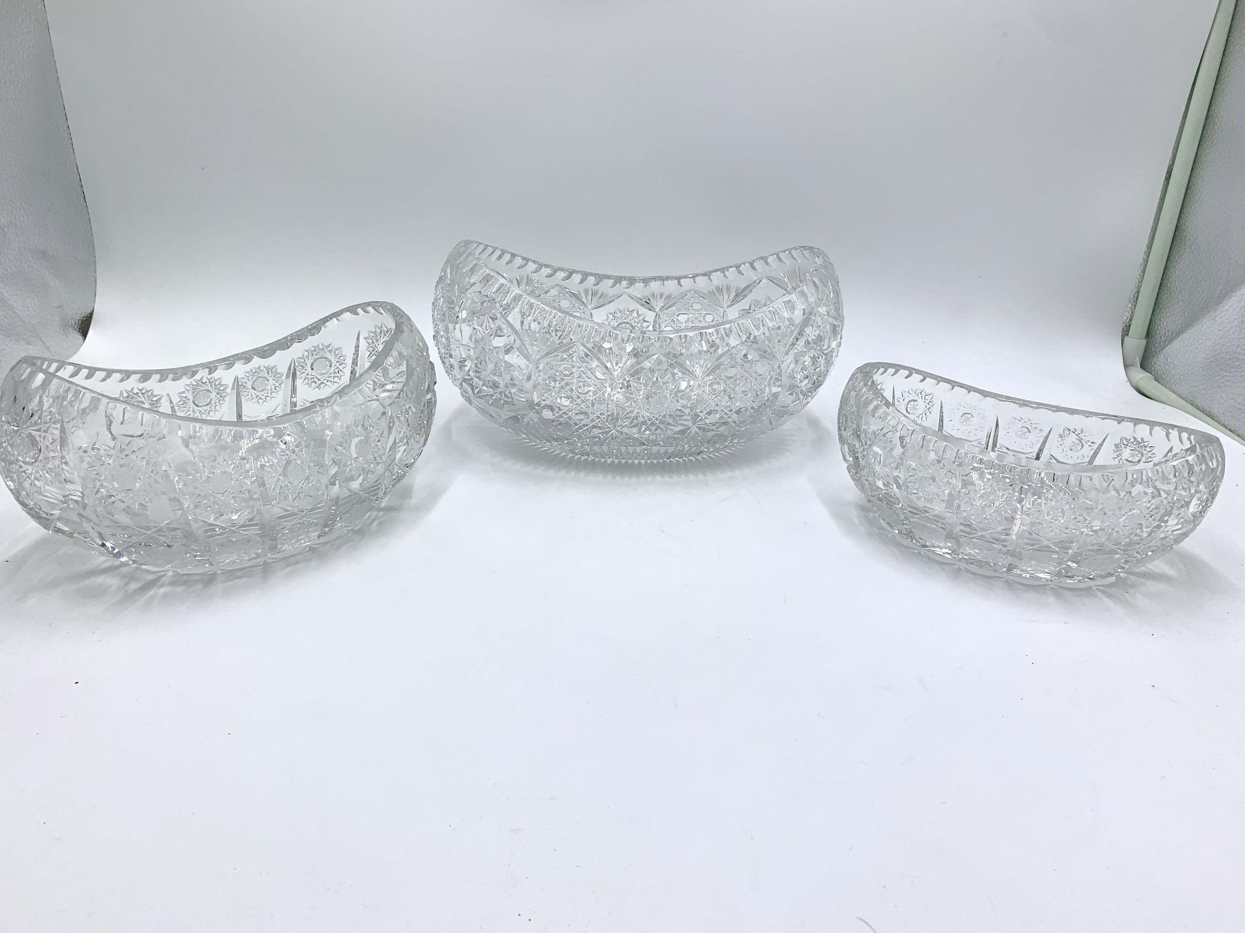 Mid-Century Modern Three Crystal Oval Boat-Like Decorative Bowls, Poland, 1950s For Sale