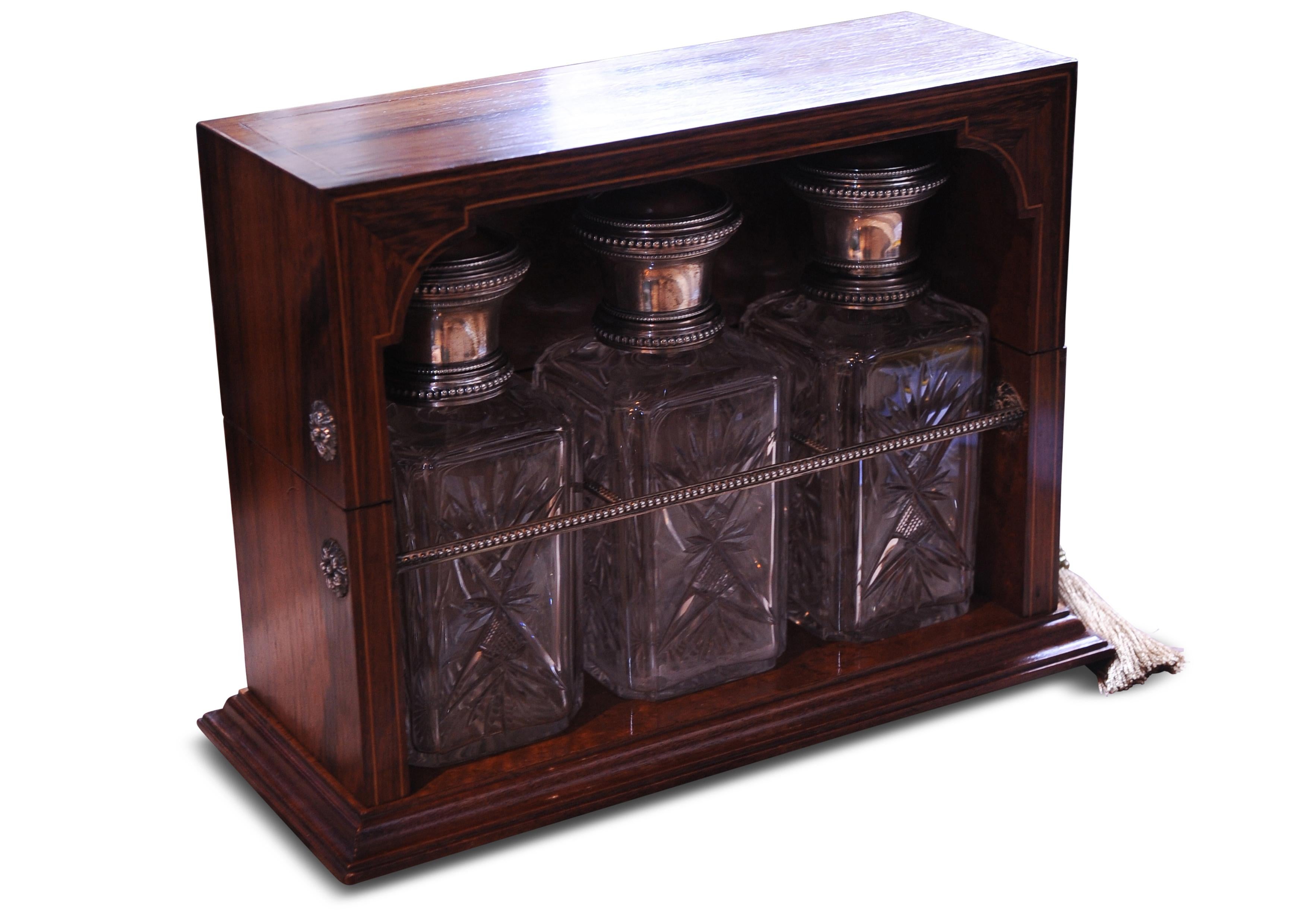 Regency 19th Century Silver Cut Glass Decanters Housed in a Rosewood & Amboyna Tantalus