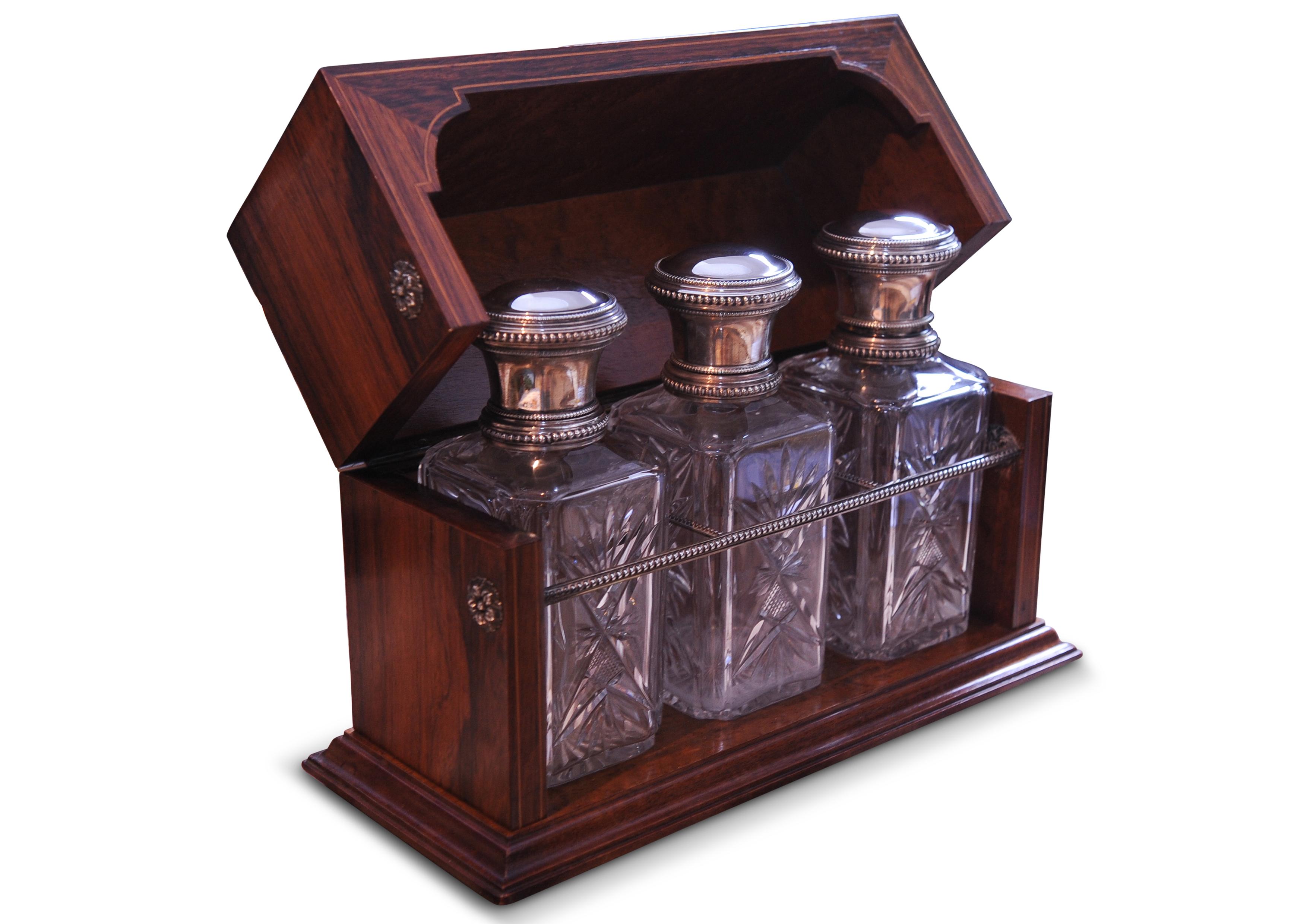 French 19th Century Silver Cut Glass Decanters Housed in a Rosewood & Amboyna Tantalus
