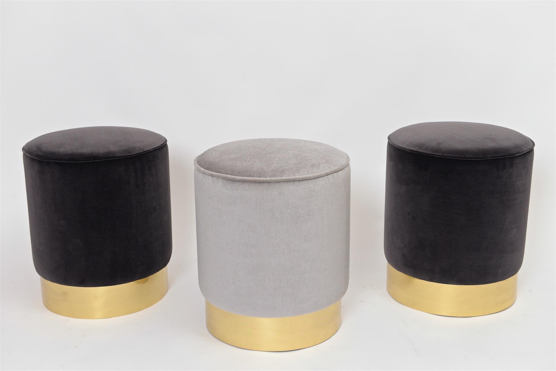 Three cylindrical stools / ottomans similar to Azucena
re-upholstered

Two dark grey 100% cotton velvet

One available in light grey mohair velvet

Can be purchased individually 

Also, now available to order in other colors.