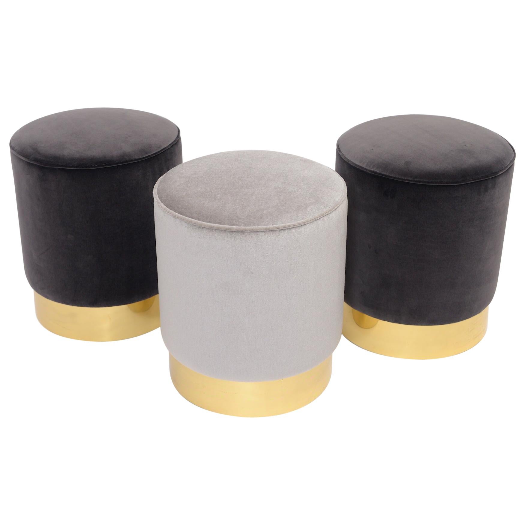 Three Cylindrical Stools in Velvet Upholstery