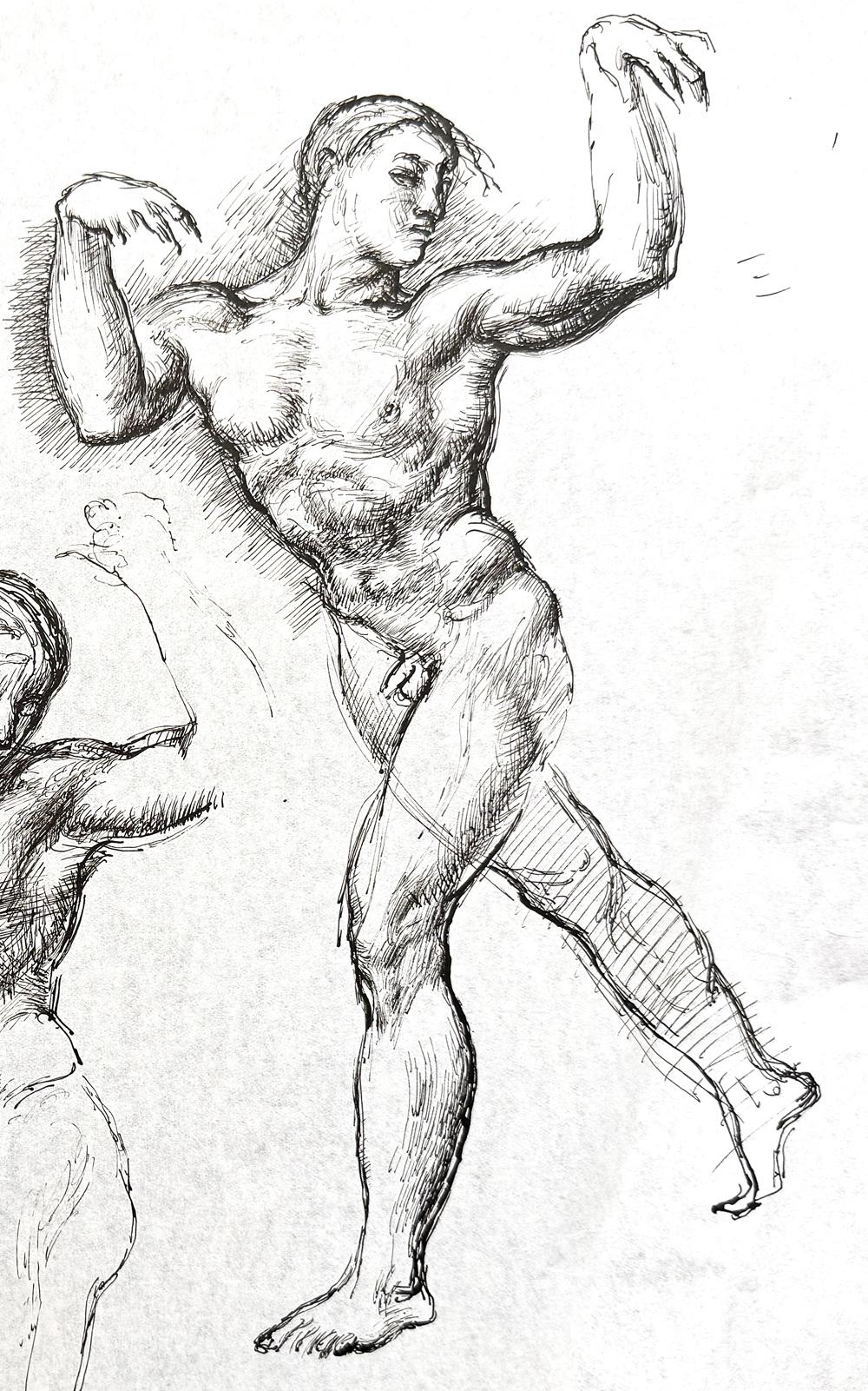 Bold and full of energy, this pen and ink drawing depicts three nude male figures, their arms upraised, caught in mid pose as they dance across the room.  Although it is not signed, this drawing shows the skill and eye of the artist, who captures