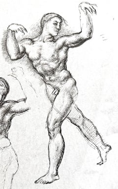 "Three Dancers", Bold Drawing of Three Male Nude Figures, 1930s, English