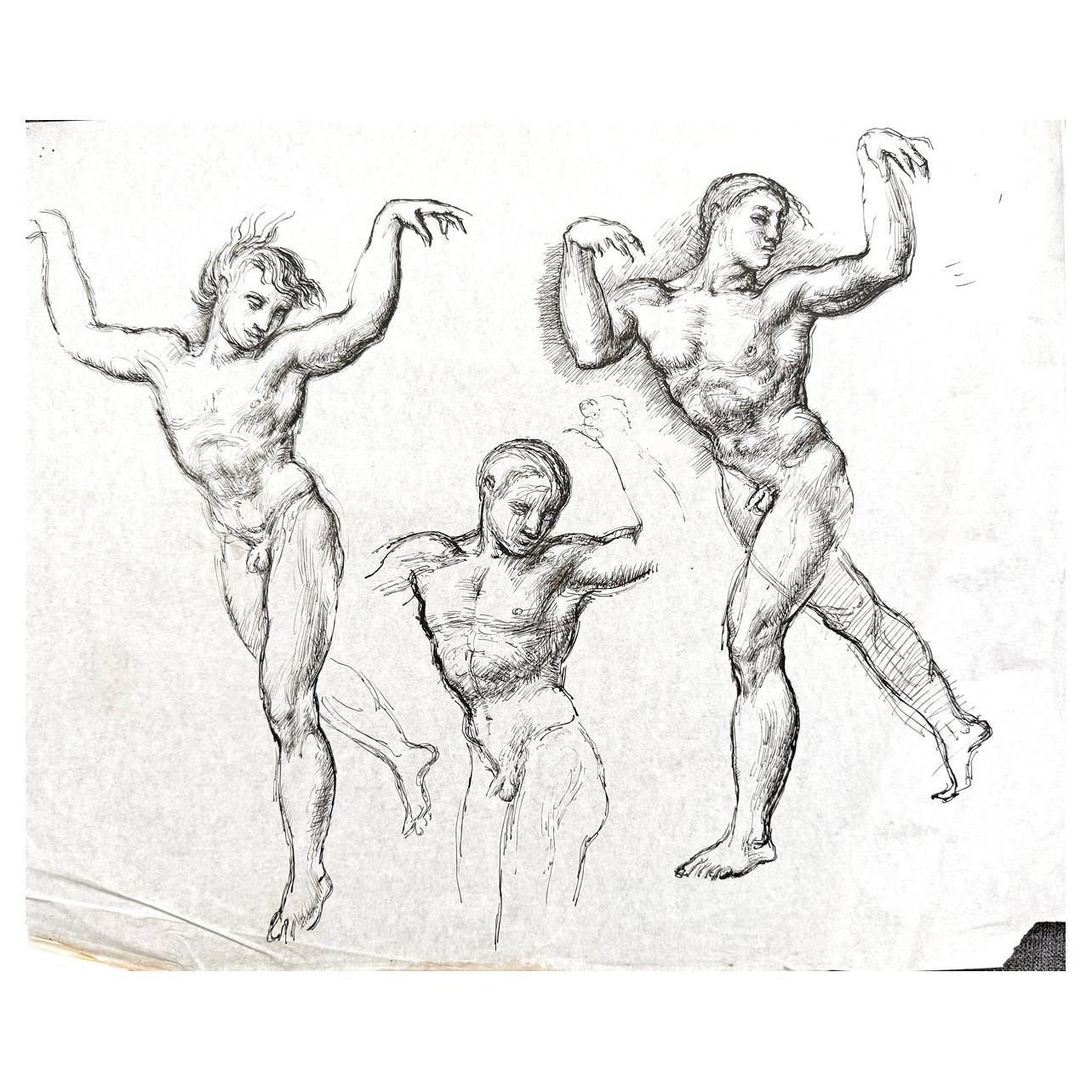 "Tre ballerini", disegno in grassetto di tre figure maschili nude, anni '30, inglese