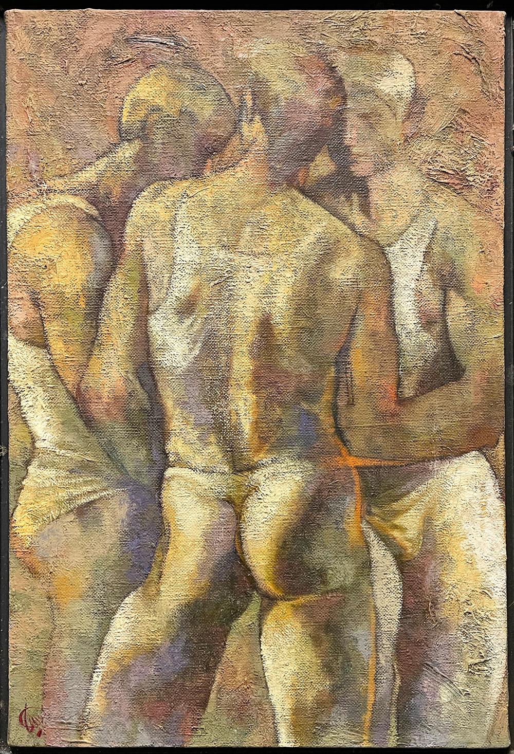 Unmistakably Mid-Century in subject matter, palette and technique, this painting by Newton McMahan depicts three powerful male dancers in quiet conversation, all captured in warm tones of honey, burnt wood and ivory (and titled it, mysteriously,