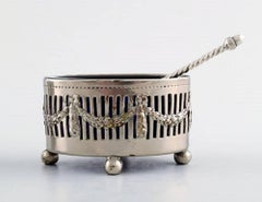 Three Danish Salt Jars in Silver with Blue Glass Inserts and Salt Spoons