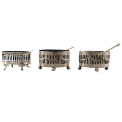 Three Danish Salt Jars in Silver with Blue Glass Inserts and Salt Spoons