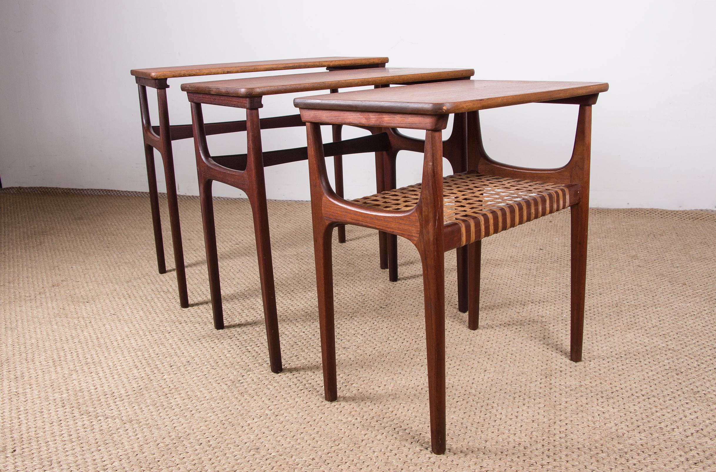 Three Danish Teak and Caning Nesting Tables by Erling Torvits for Heltborg For Sale 5