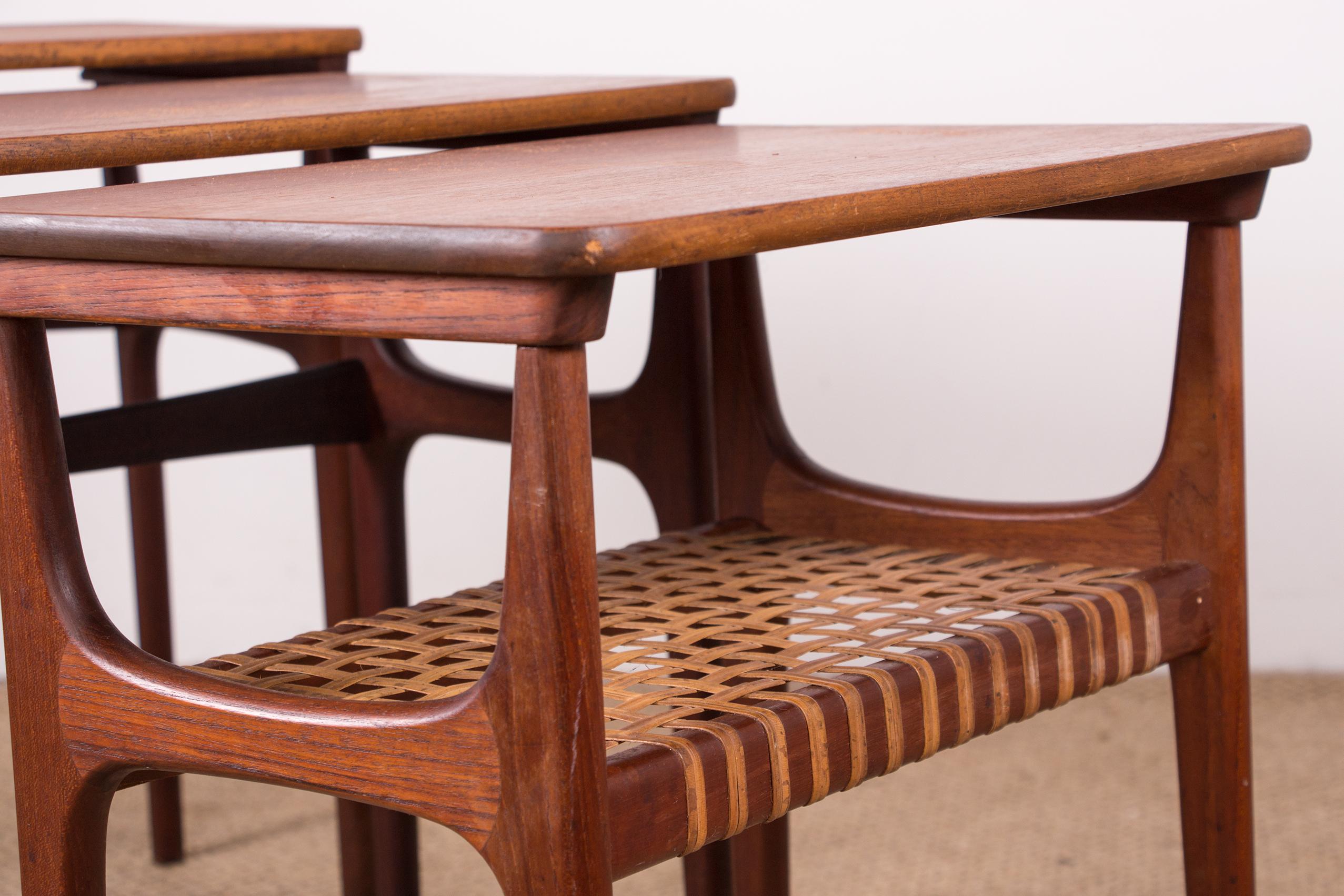 Three Danish Teak and Caning Nesting Tables by Erling Torvits for Heltborg For Sale 7