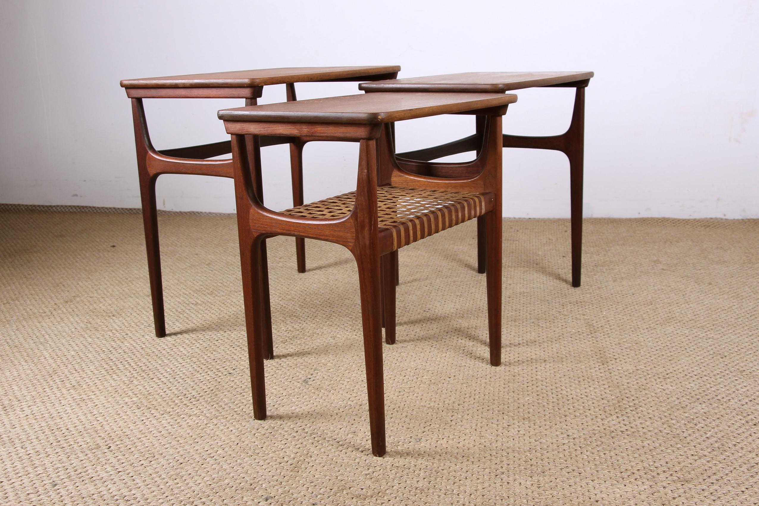 Three Danish Teak and Caning Nesting Tables by Erling Torvits for Heltborg For Sale 8