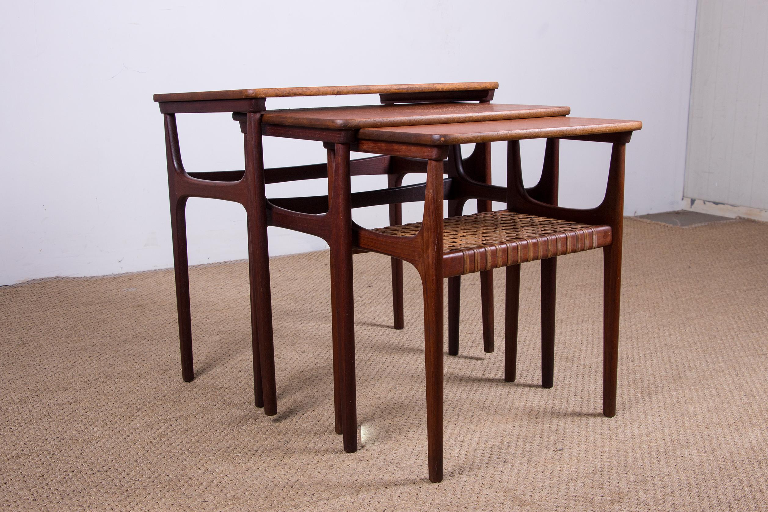 Mid-20th Century Three Danish Teak and Caning Nesting Tables by Erling Torvits for Heltborg For Sale