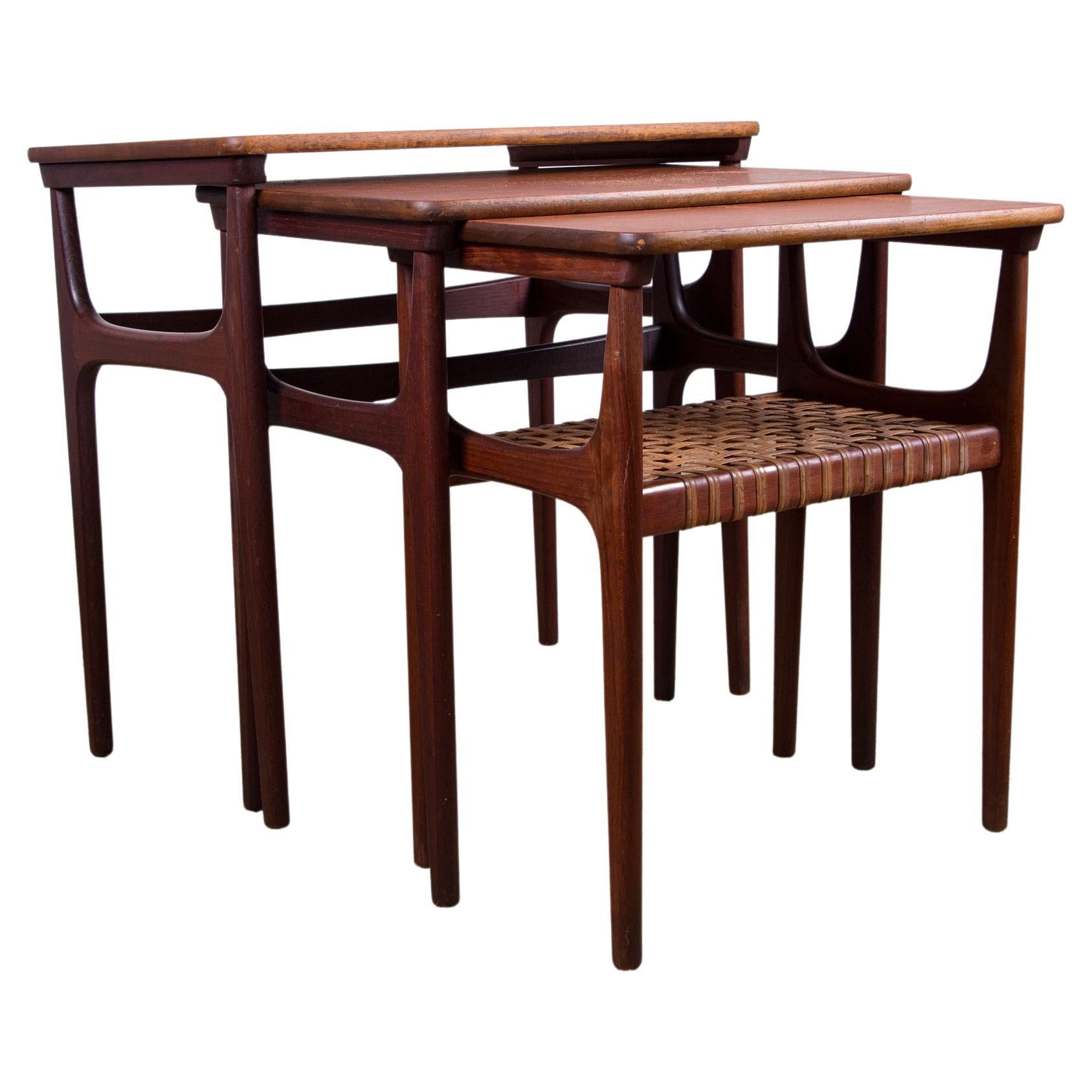 Three Danish Teak and Caning Nesting Tables by Erling Torvits for Heltborg For Sale