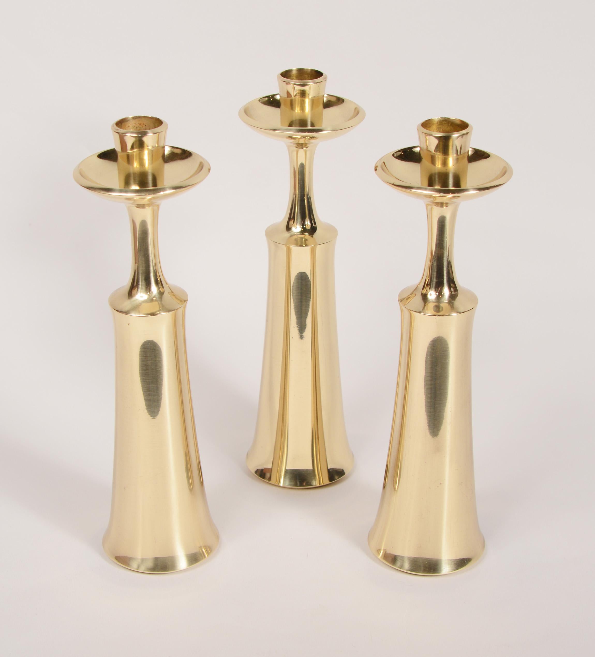 20th Century Three Dansk Polished Brass Candle Holders by Jens Quistgaard For Sale