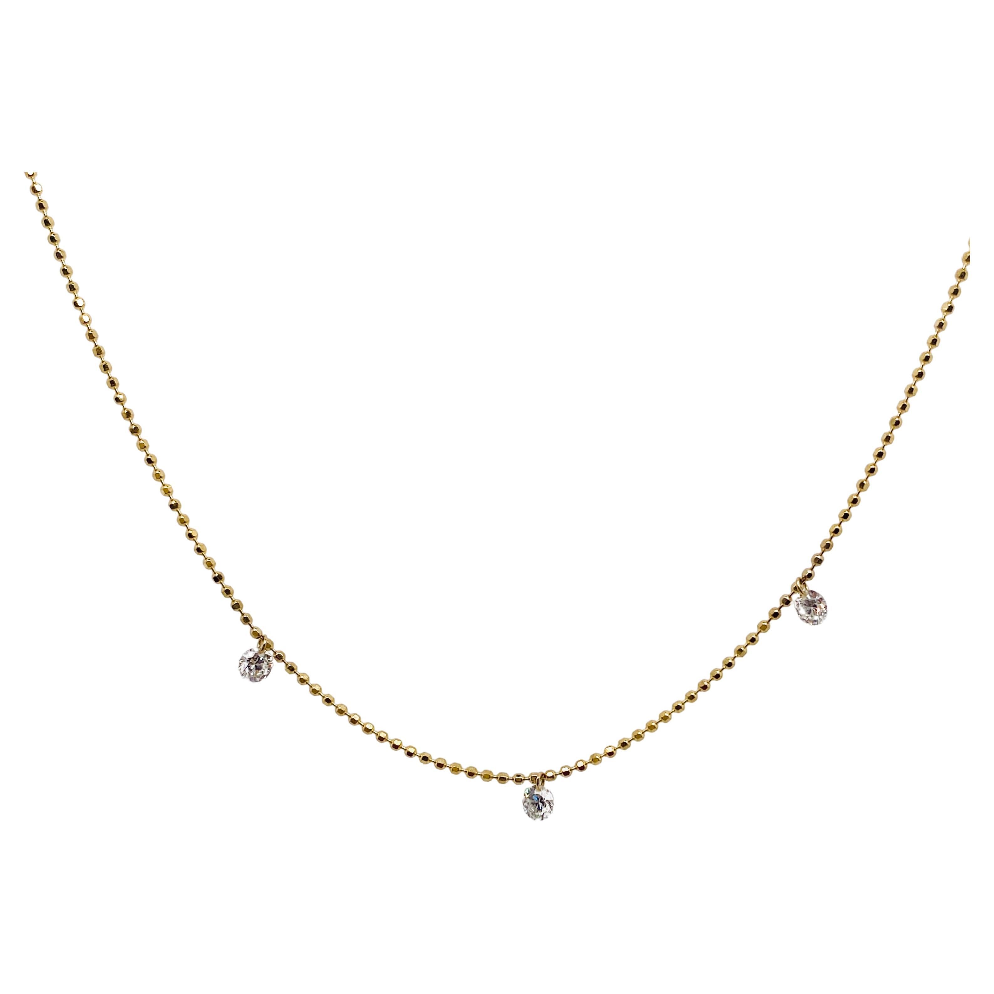 Three Dashing Diamond 14K Yellow Gold Necklace, 18" Minimalist Sleek Elegance For Sale