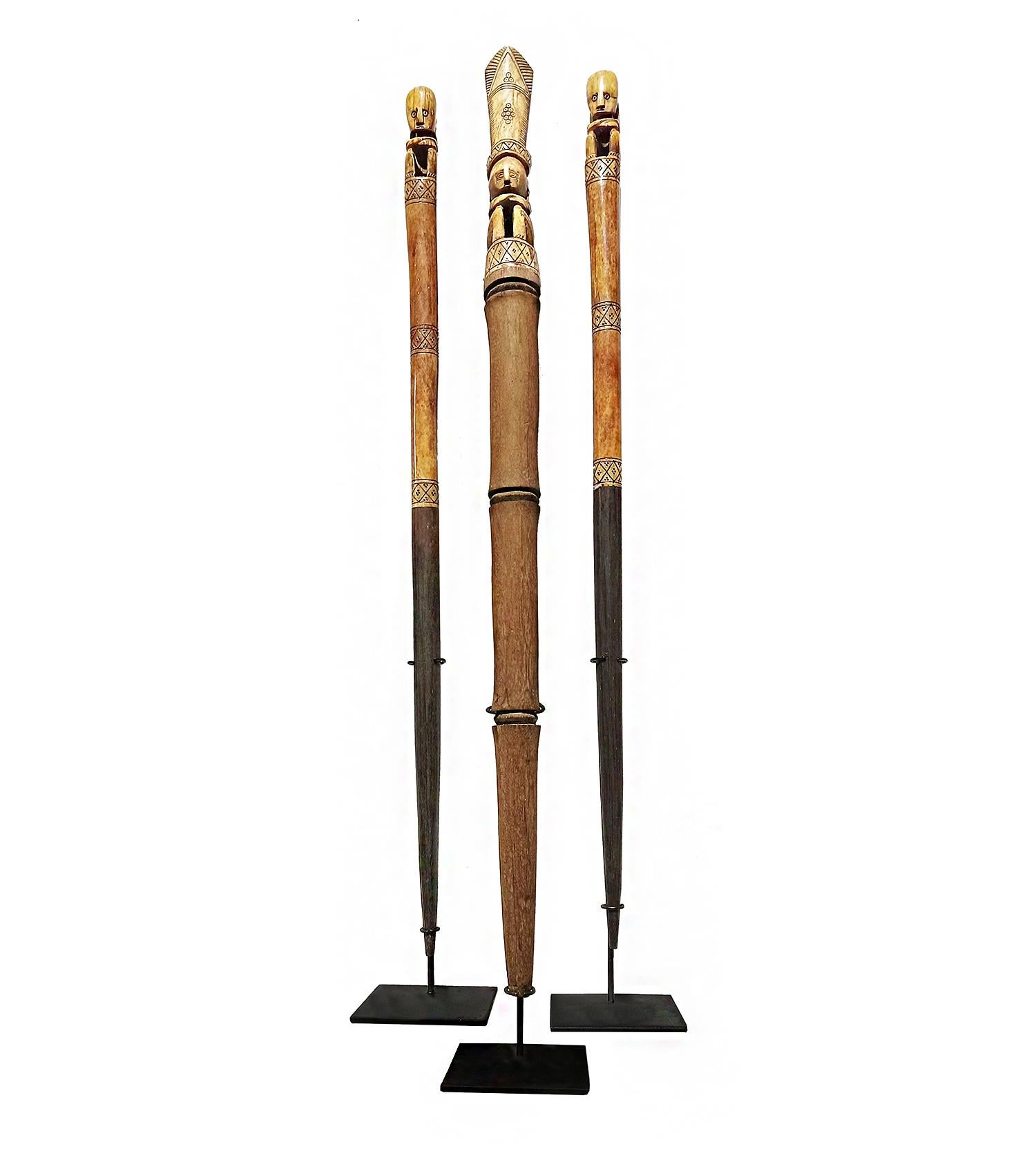 Hand-Carved Three Decorative Wood Batons, Indonesia, Mid-20th Century For Sale