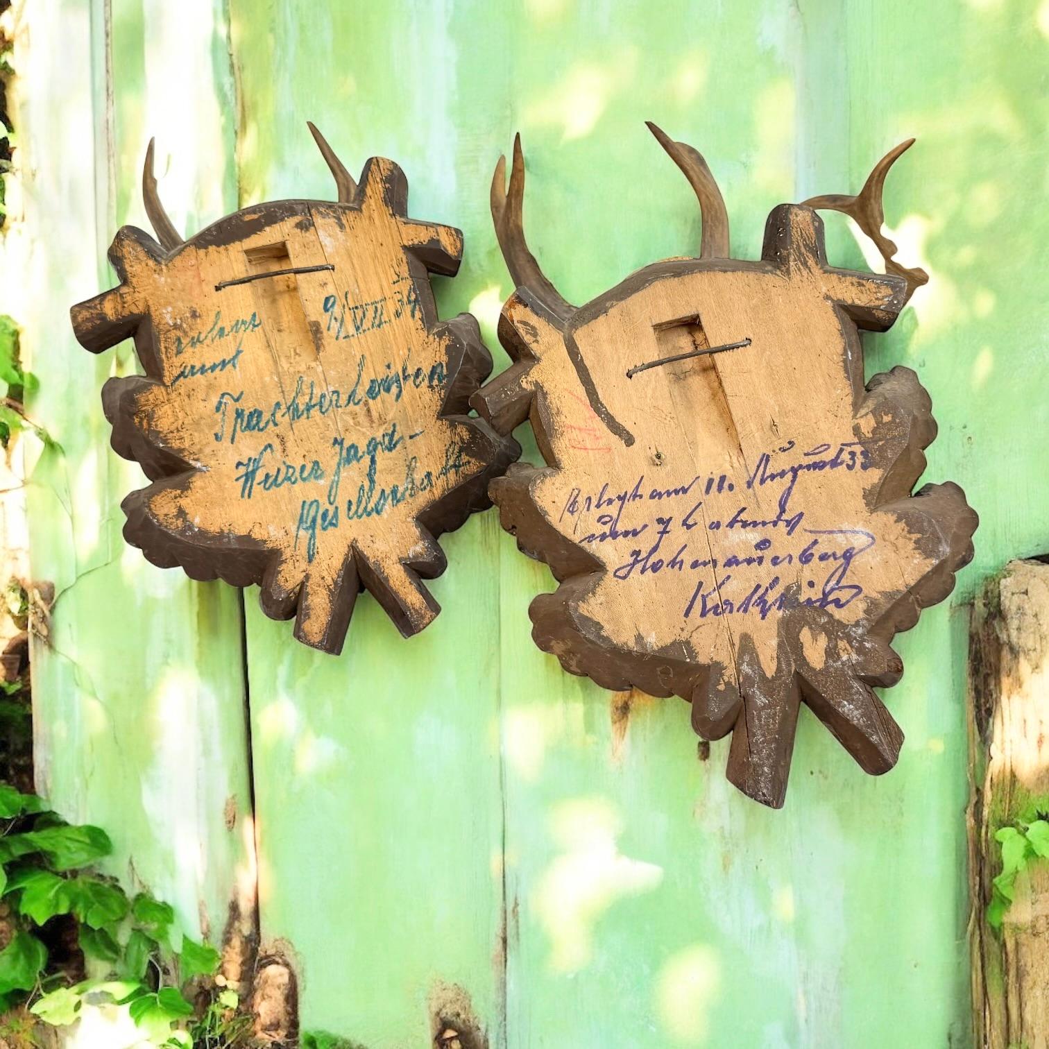 Three Deer Antler Mount Trophy Black Forest on Wood Plaque Austria Folk Art 1930 For Sale 10