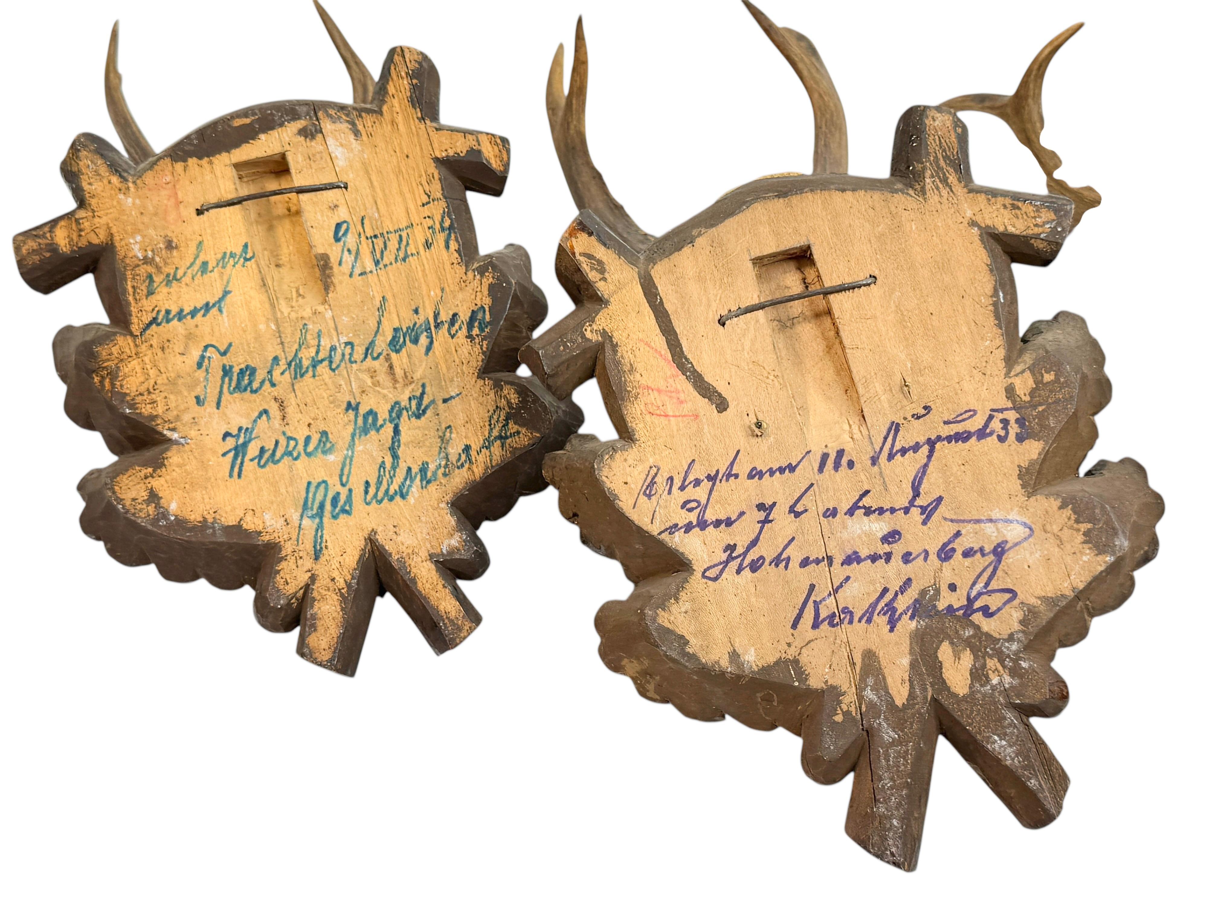 Three Deer Antler Mount Trophy Black Forest on Wood Plaque Austria Folk Art 1930 For Sale 11