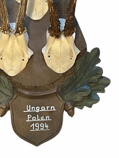 Three Deer Antler Trophy on Large Black Forest Wood Carved Plaque, 1994