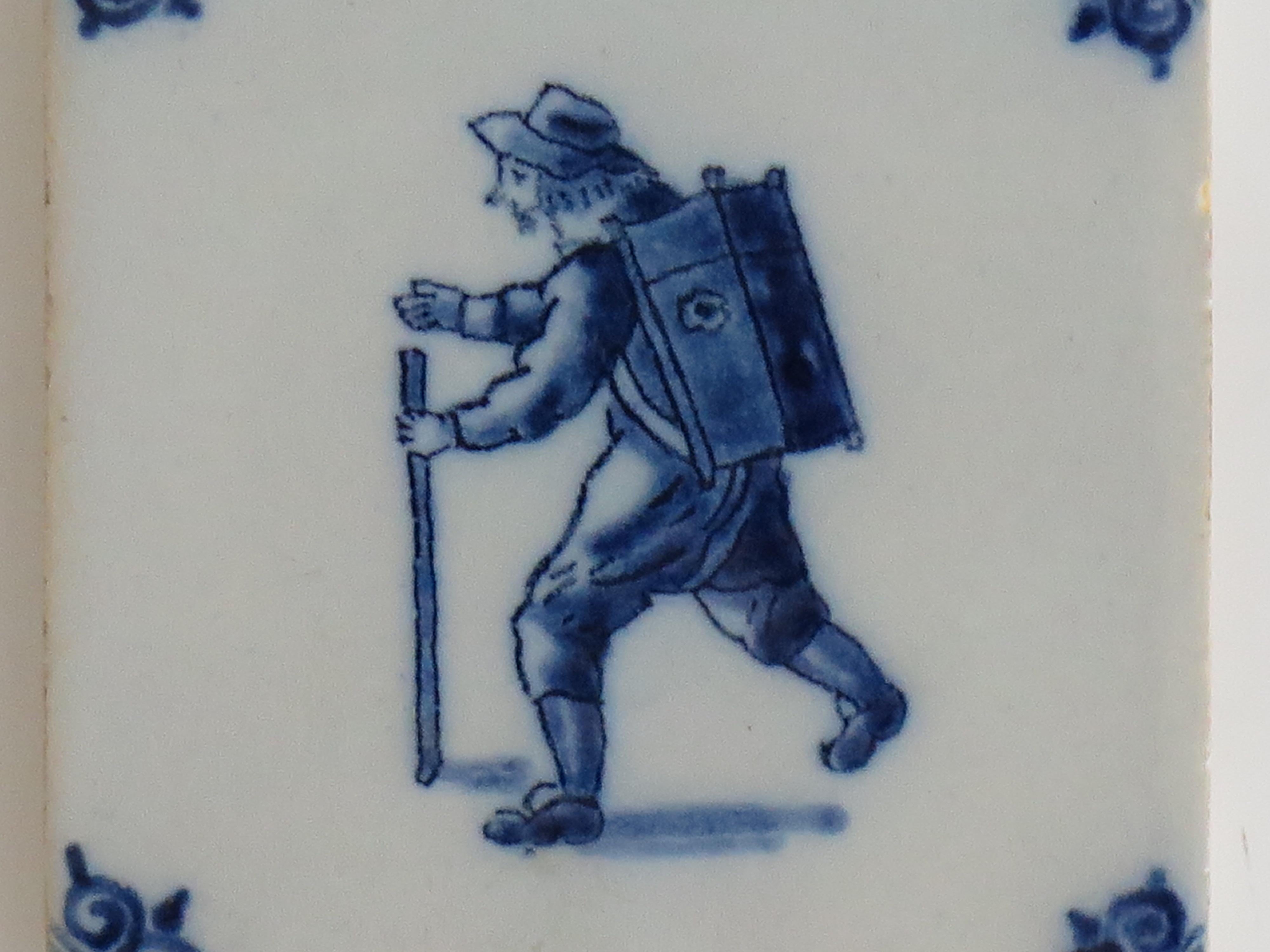 Three Delft Ceramic Wall Tiles Blue & White figures Hand Painted, Circa. 1800 For Sale 3