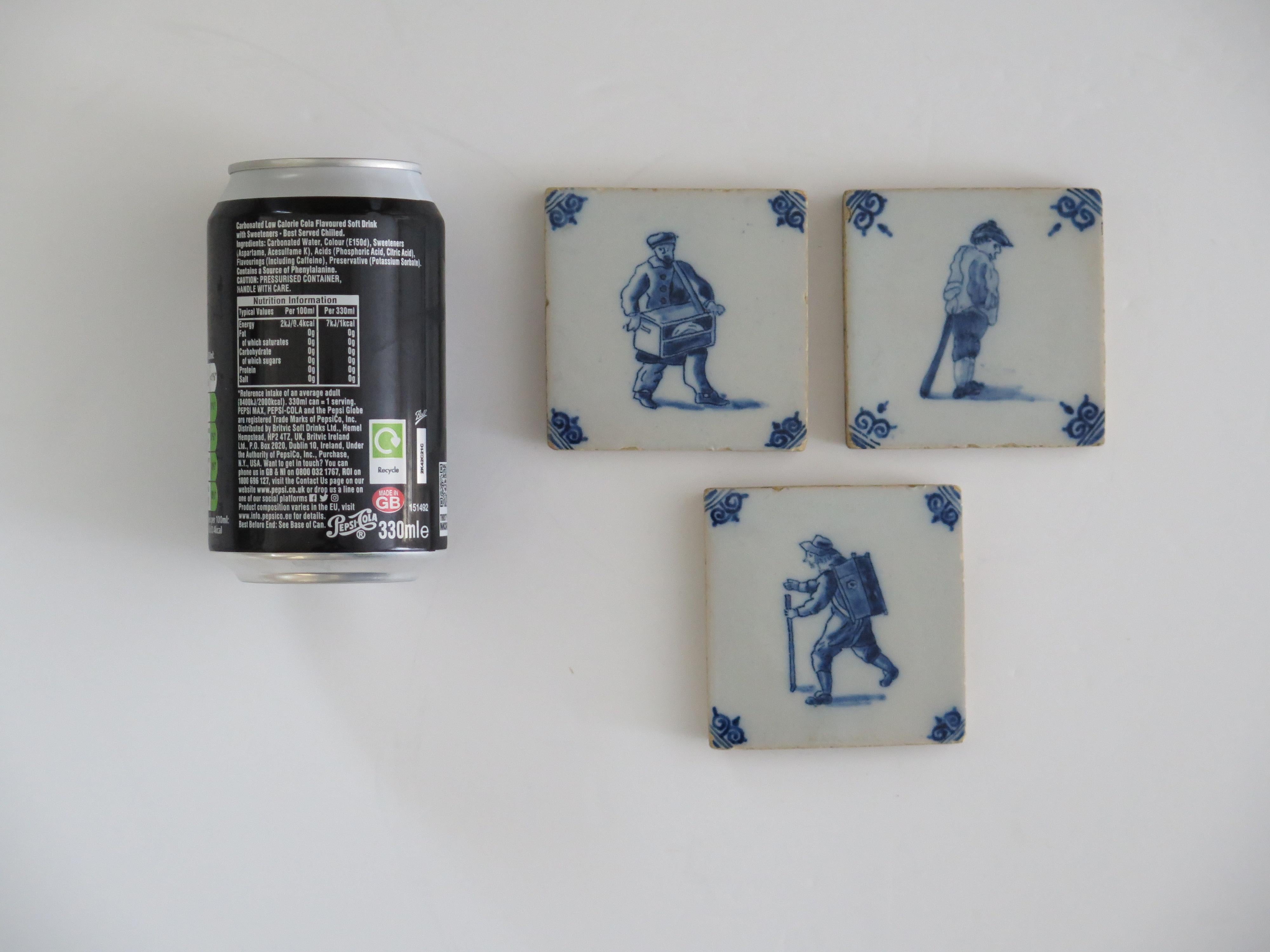 Three Delft Ceramic Wall Tiles Blue & White figures Hand Painted, Circa. 1800 For Sale 6