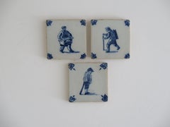 Three Delft Ceramic Wall Tiles Blue & White figures Hand Painted, Circa. 1800