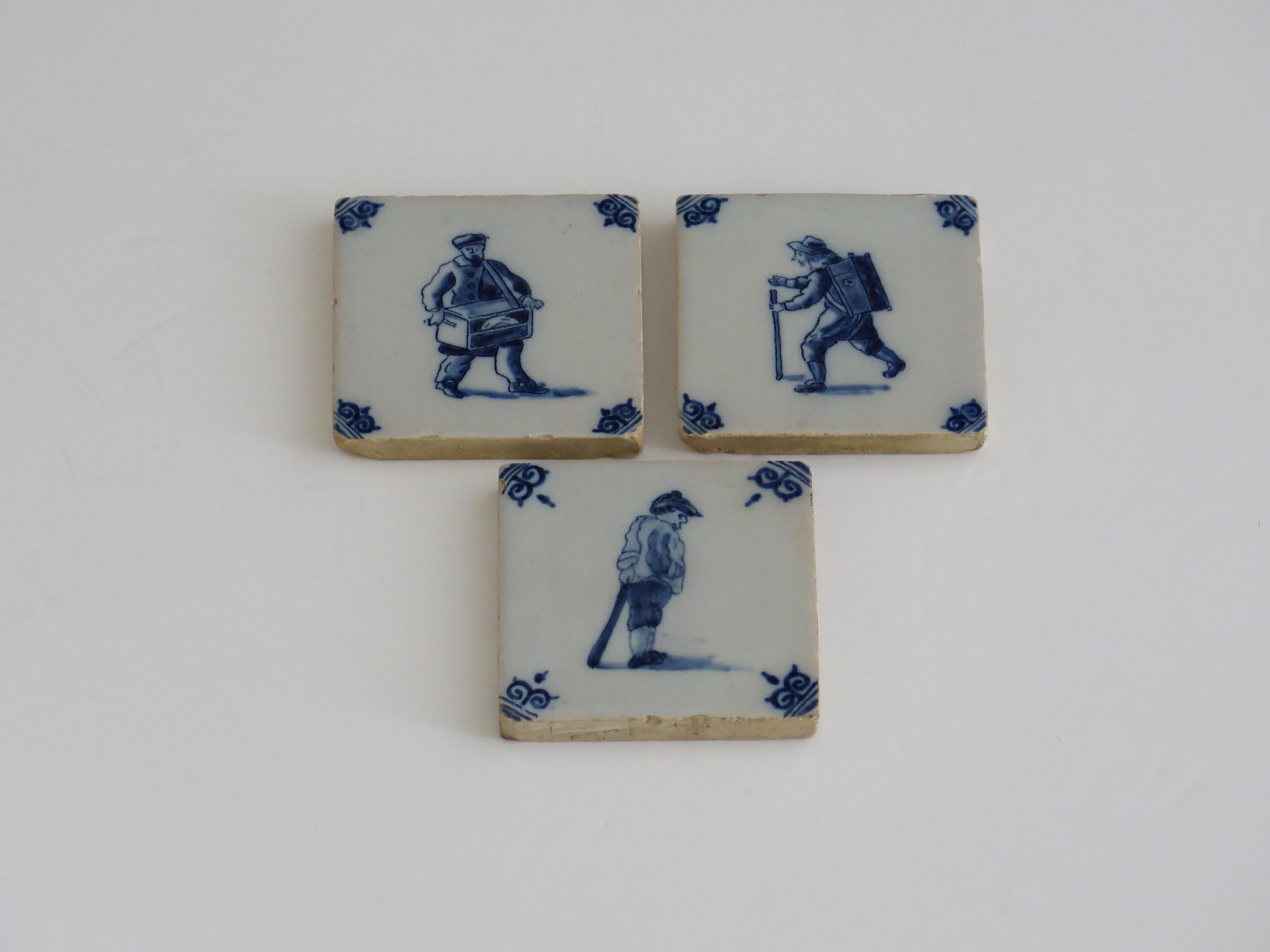 Dutch Colonial Three Delft Ceramic Wall Tiles Blue & White figures Hand Painted, Circa. 1800 For Sale