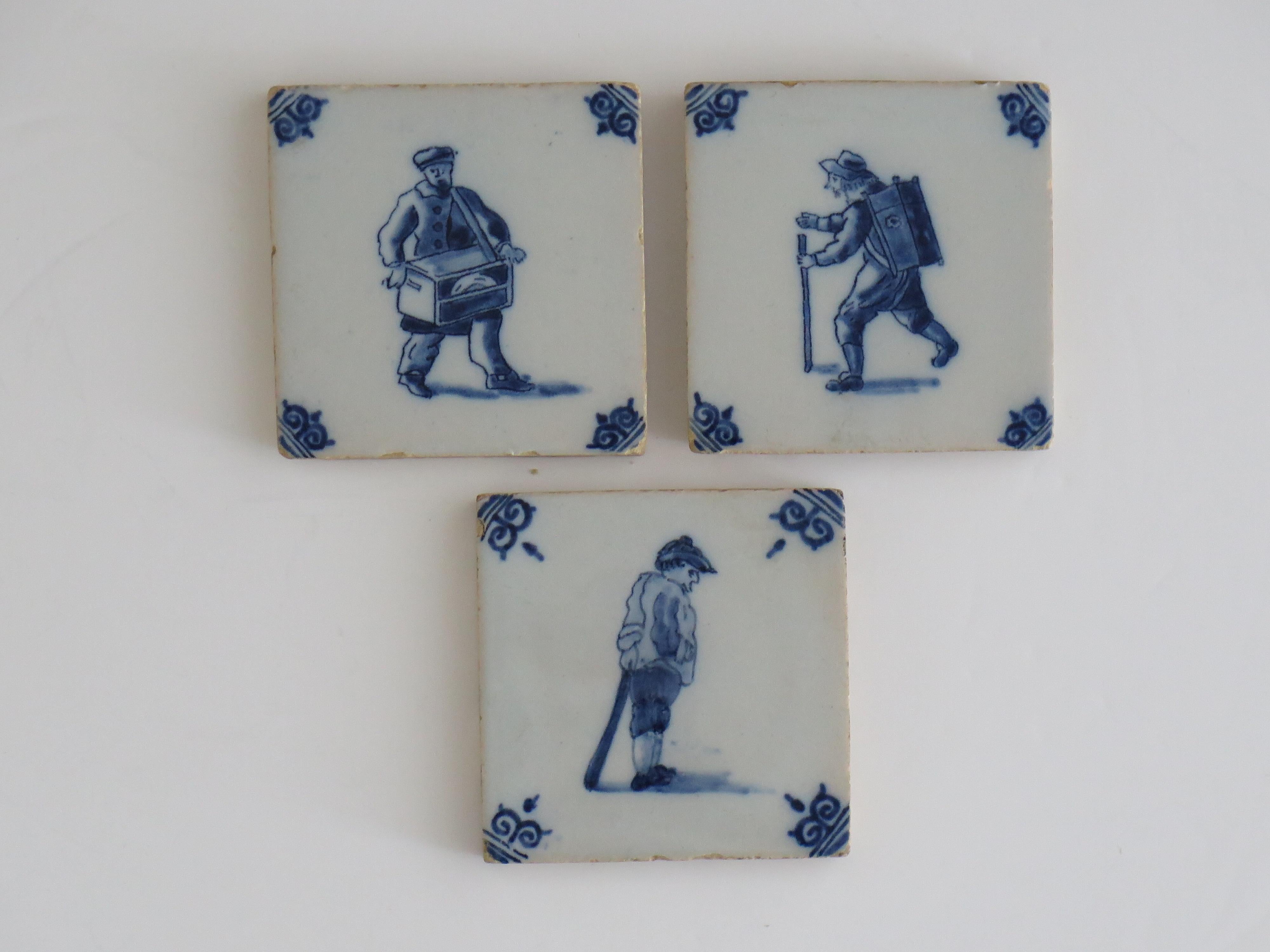 Dutch Three Delft Ceramic Wall Tiles Blue & White figures Hand Painted, Circa. 1800 For Sale