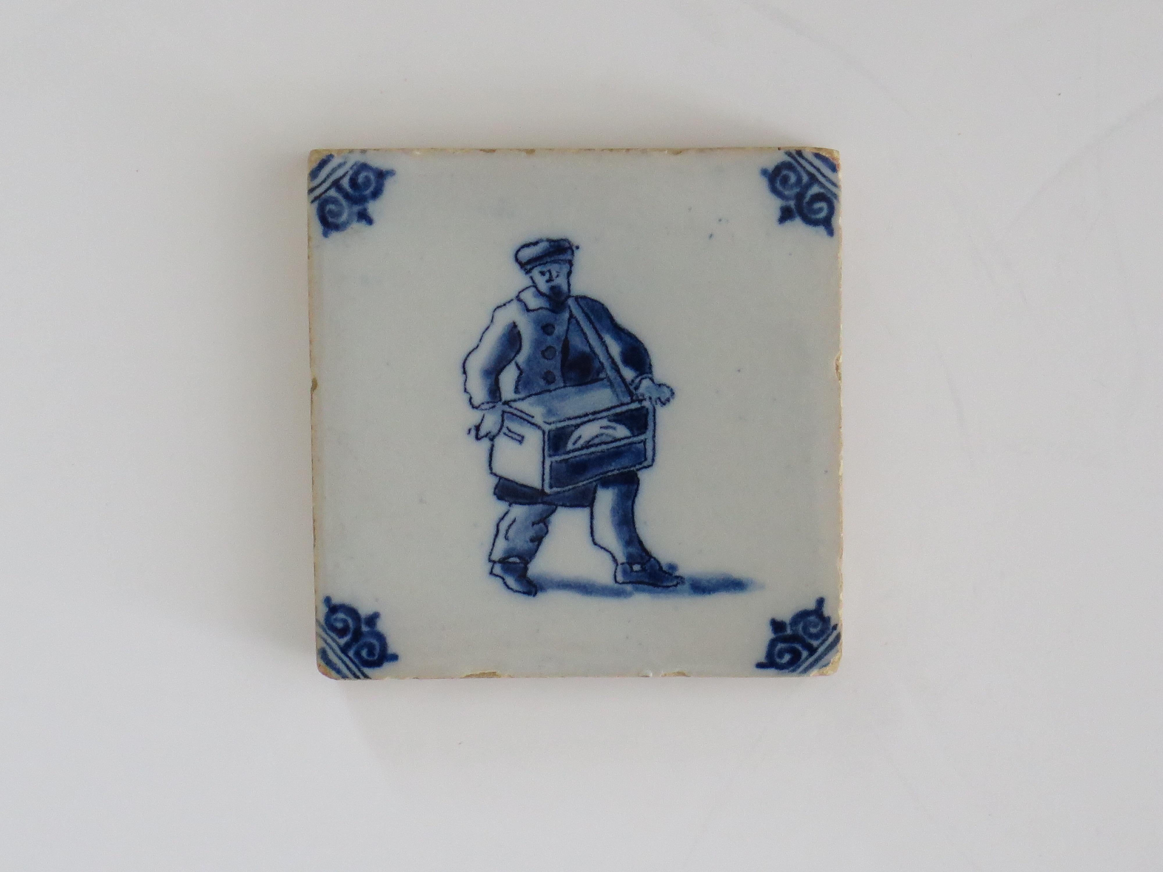 Hand-Painted Three Delft Ceramic Wall Tiles Blue & White figures Hand Painted, Circa. 1800 For Sale