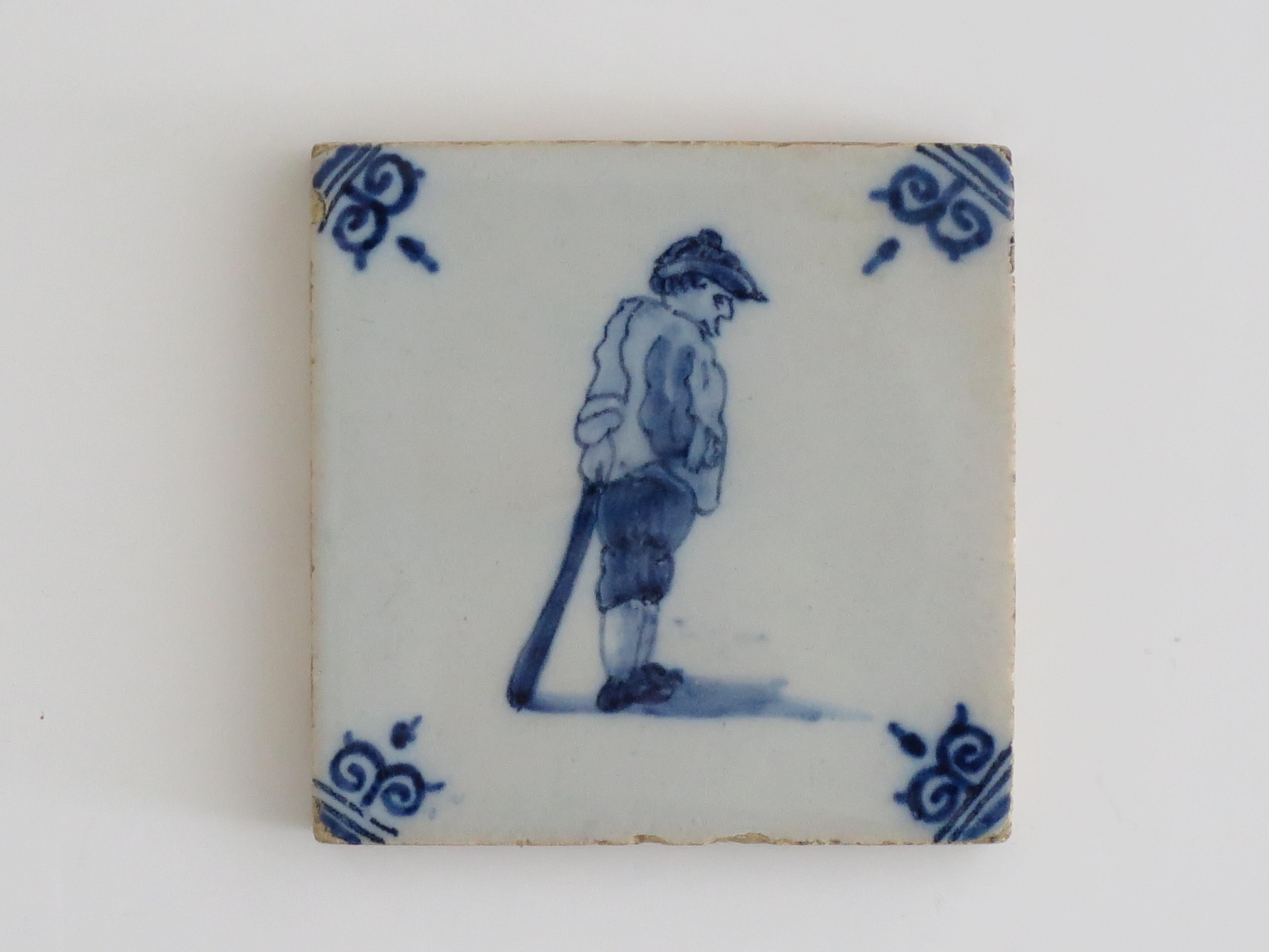 19th Century Three Delft Ceramic Wall Tiles Blue & White figures Hand Painted, Circa. 1800 For Sale