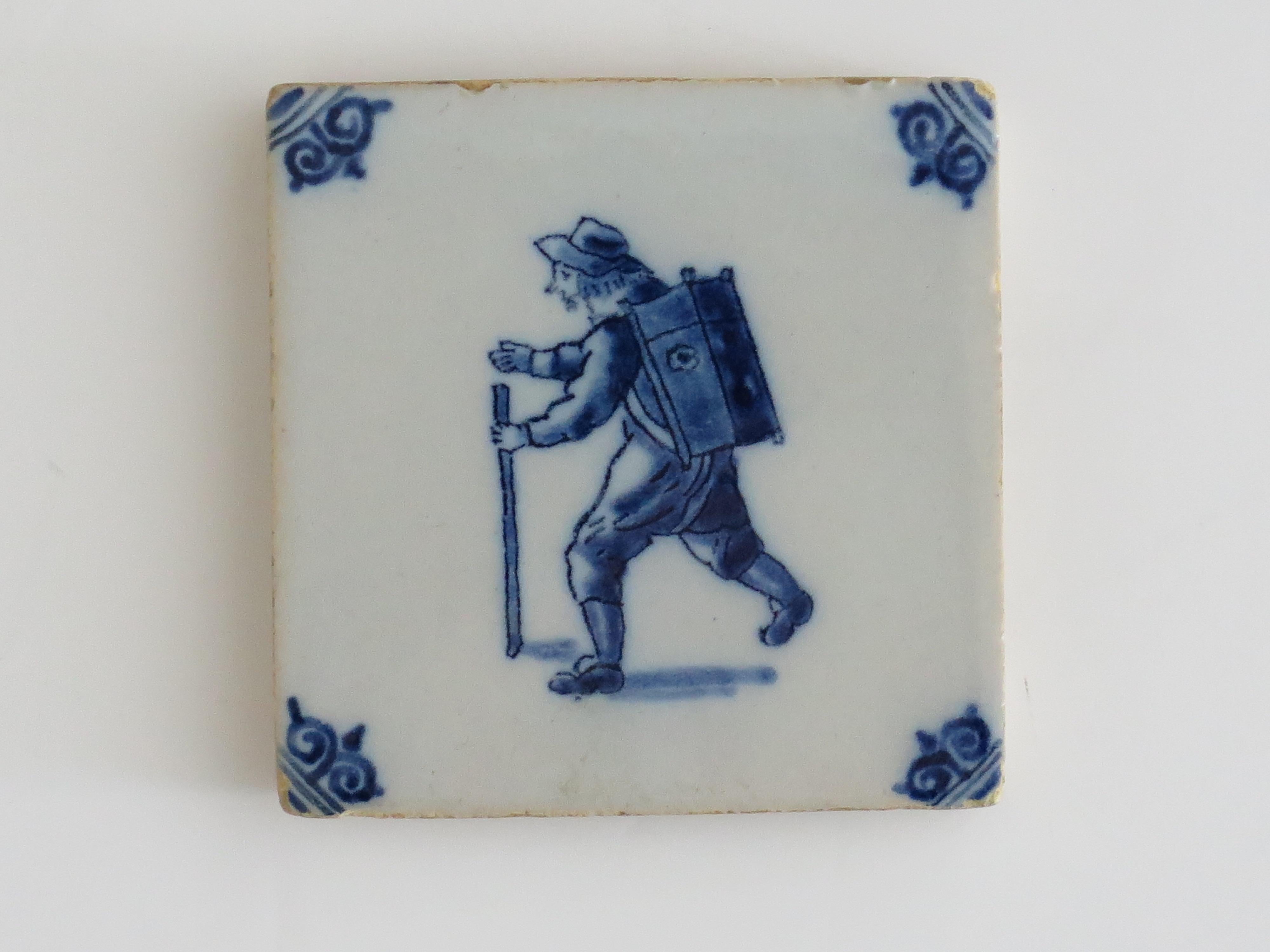 Three Delft Ceramic Wall Tiles Blue & White figures Hand Painted, Circa. 1800 For Sale 2