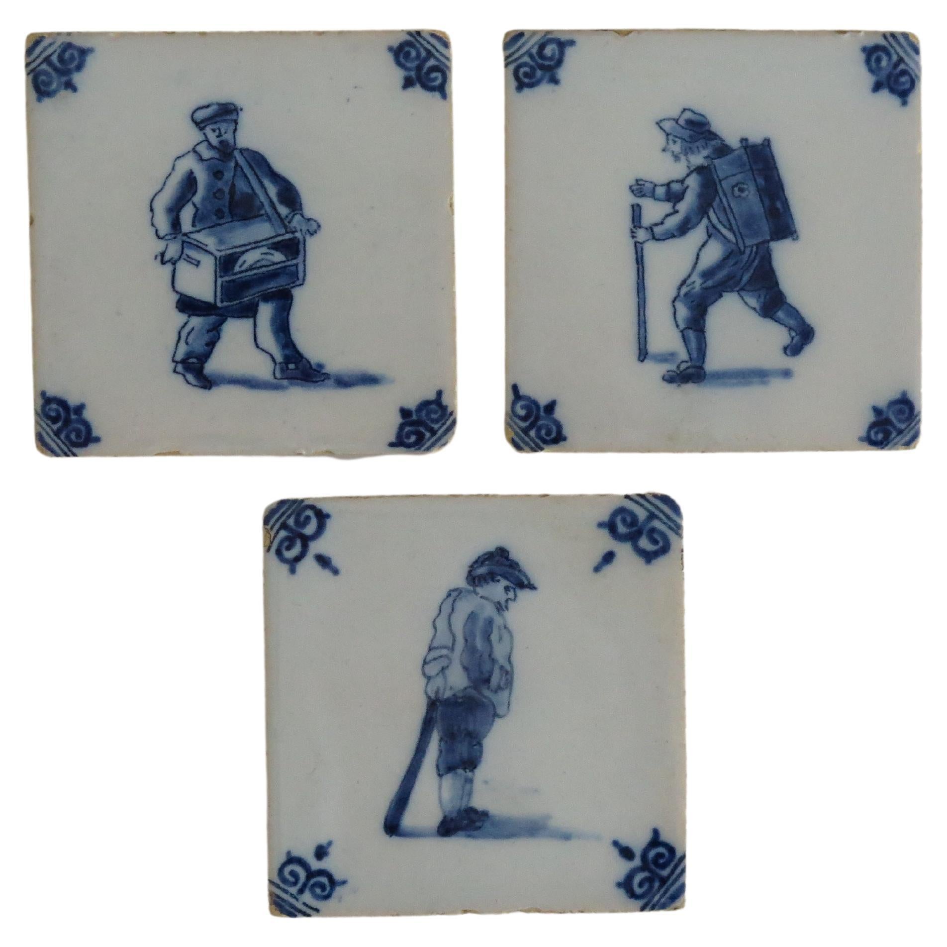 Three Delft Ceramic Wall Tiles Blue & White figures Hand Painted, Circa. 1800 For Sale