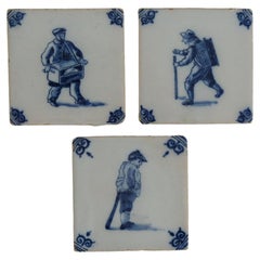 Three Delft Ceramic Wall Tiles Blue & White figures Hand Painted, Circa. 1800