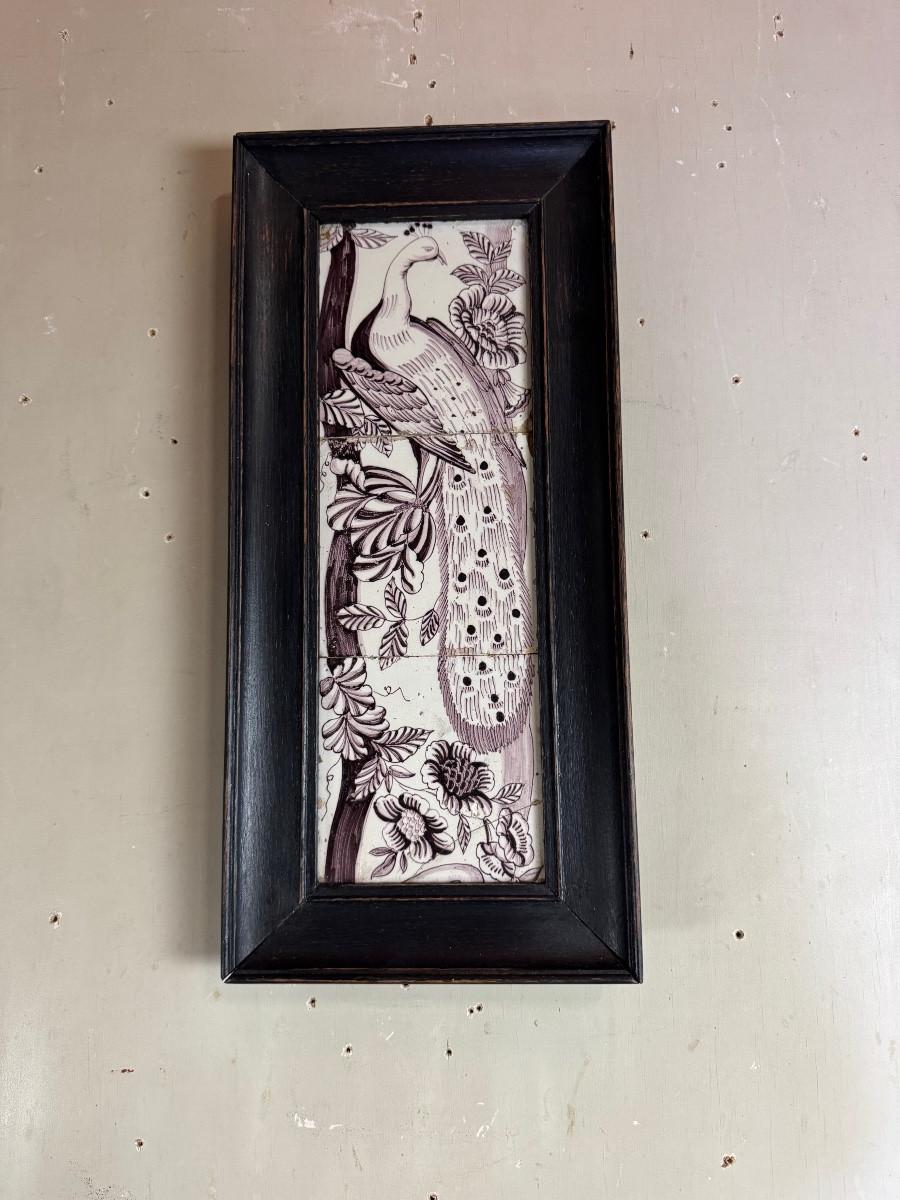 Renaissance Three Delft manganese tiles forming a portrait of a peacock, 18th century For Sale