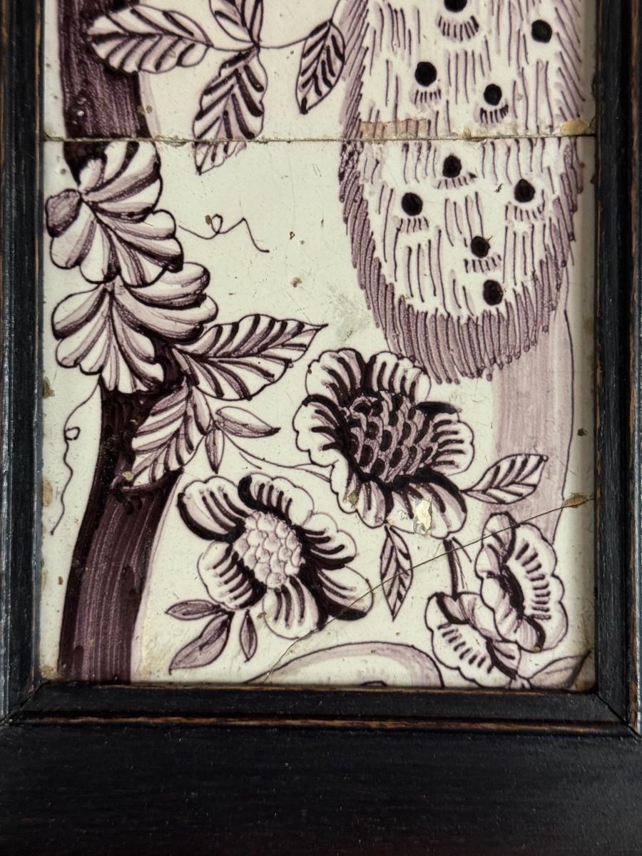 French Three Delft manganese tiles forming a portrait of a peacock, 18th century For Sale