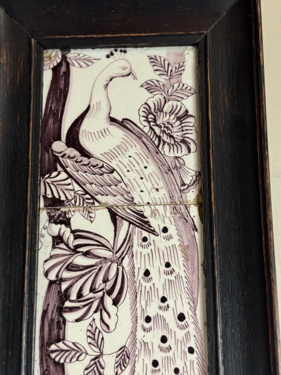 18th Century and Earlier Three Delft manganese tiles forming a portrait of a peacock, 18th century For Sale
