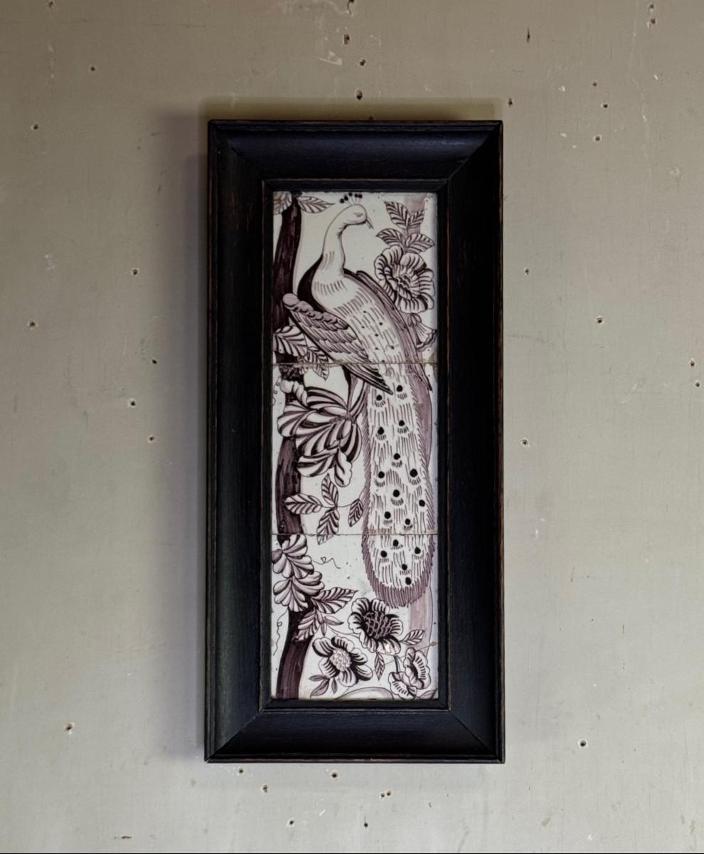 Three Delft manganese tiles forming a portrait of a peacock, 18th century For Sale 1