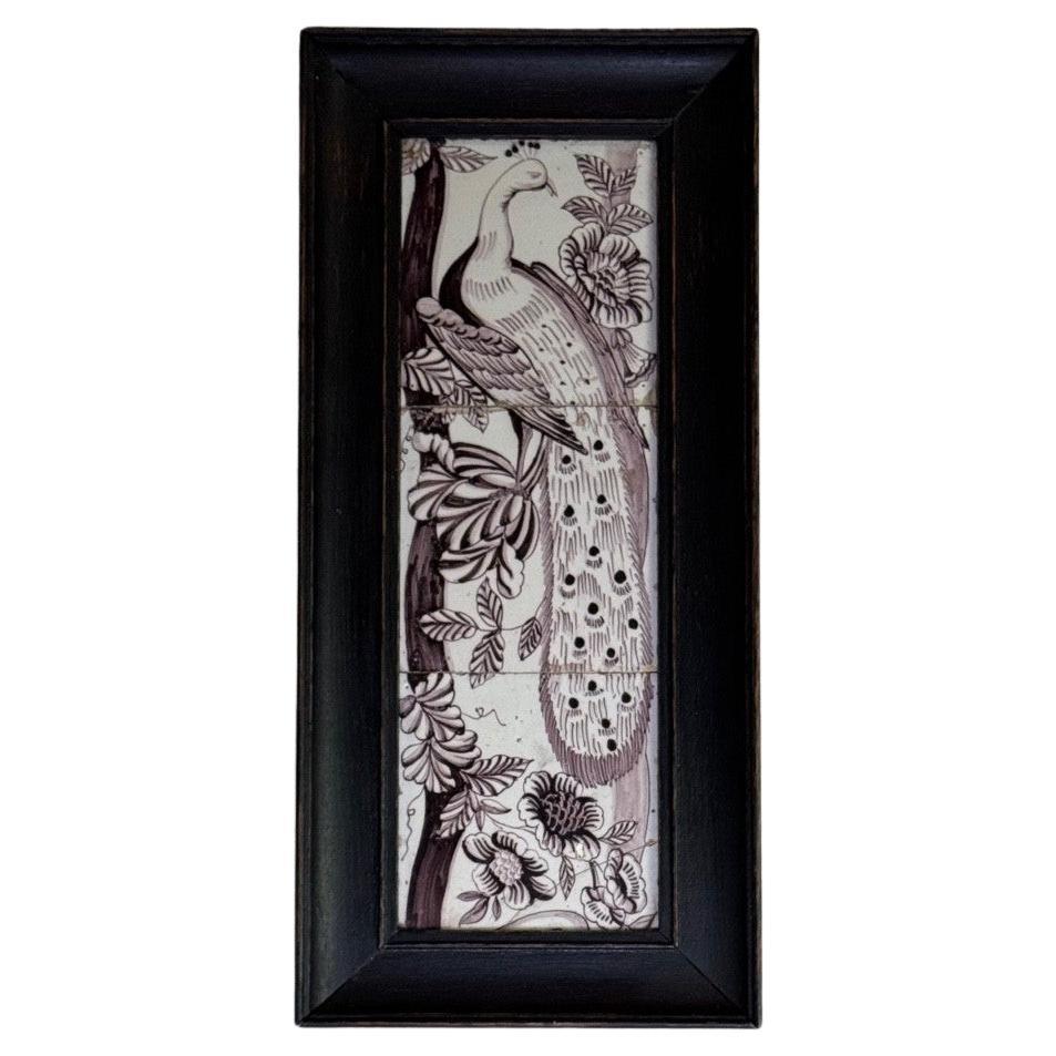 Three Delft manganese tiles forming a portrait of a peacock, 18th century For Sale