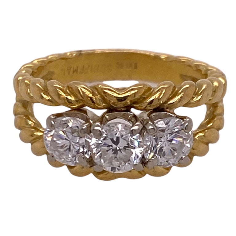 Round Cut Three Diamond 18 Karat Yellow Gold Three Stone Wedding Anniversary Band Ring  For Sale