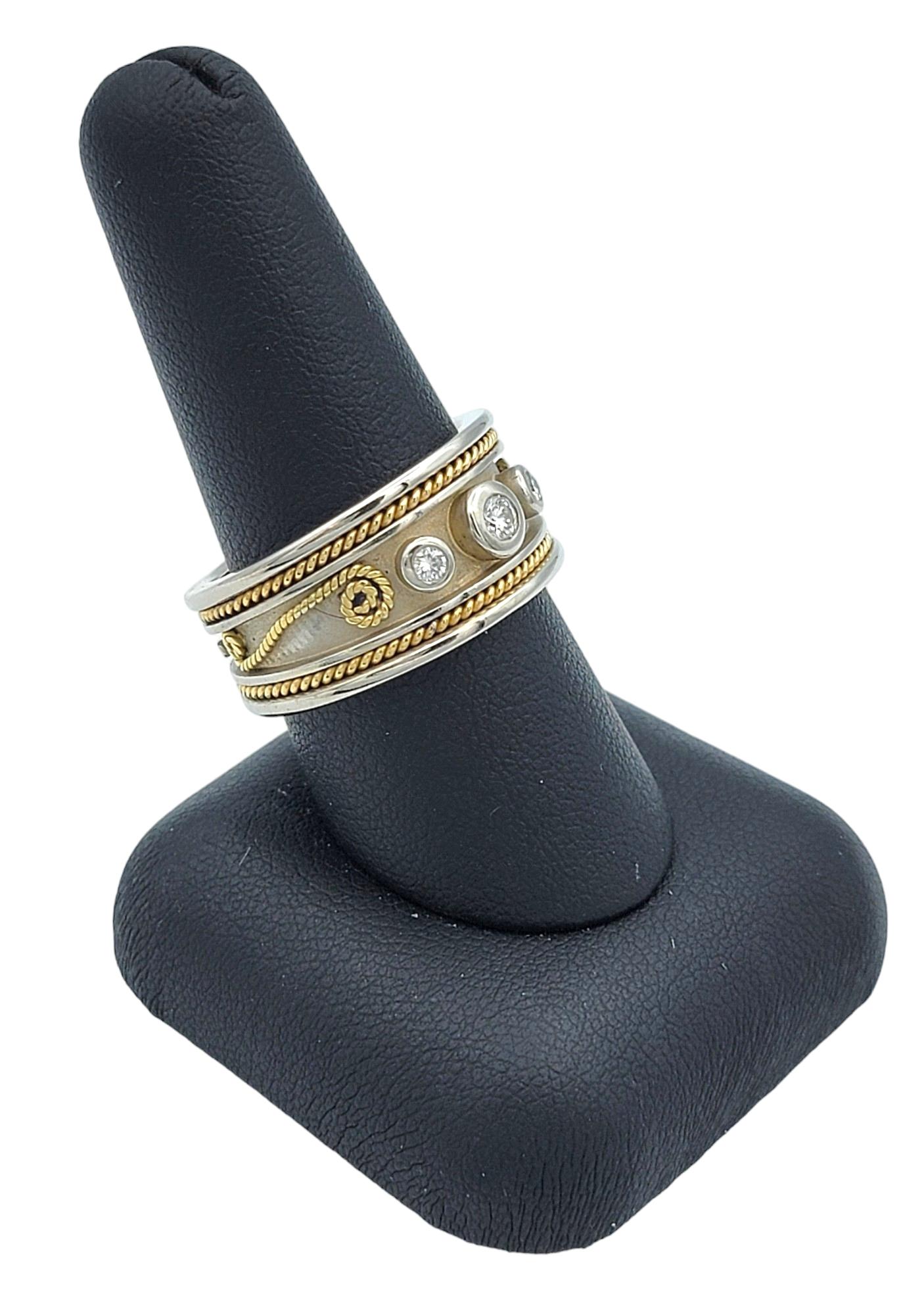 Three Diamond Band Ring with Twisted Scroll Motif in Two-Toned 18 Karat Gold For Sale 4