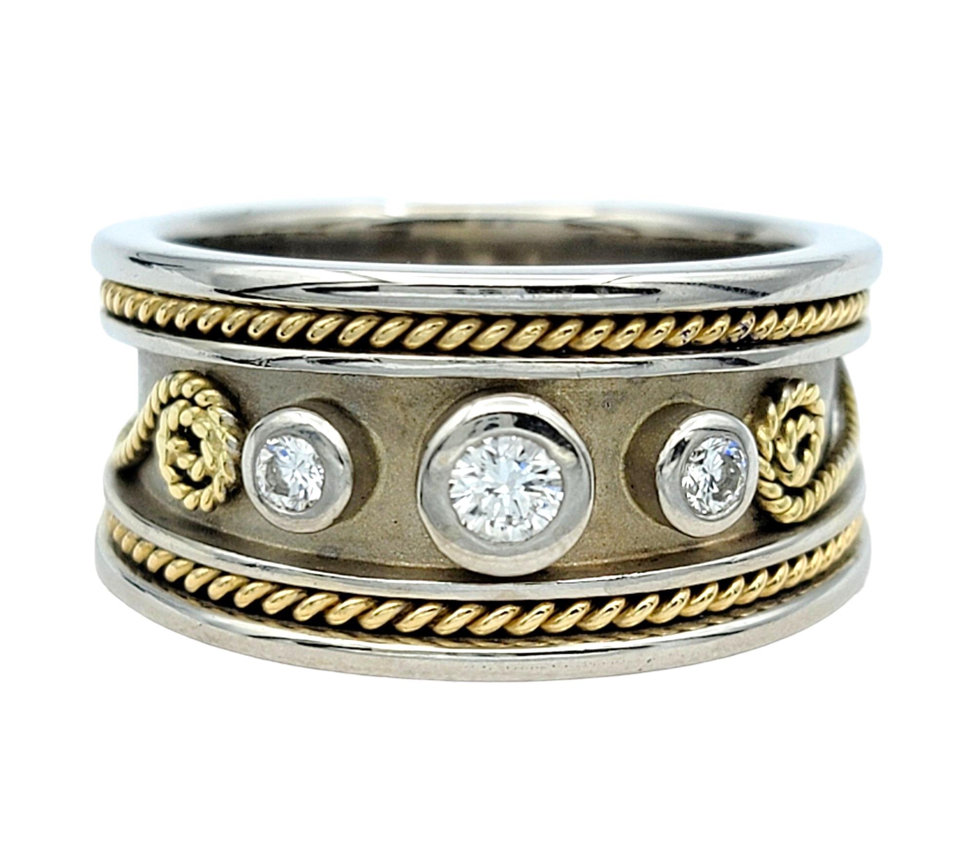 Contemporary Three Diamond Band Ring with Twisted Scroll Motif in Two-Toned 18 Karat Gold For Sale